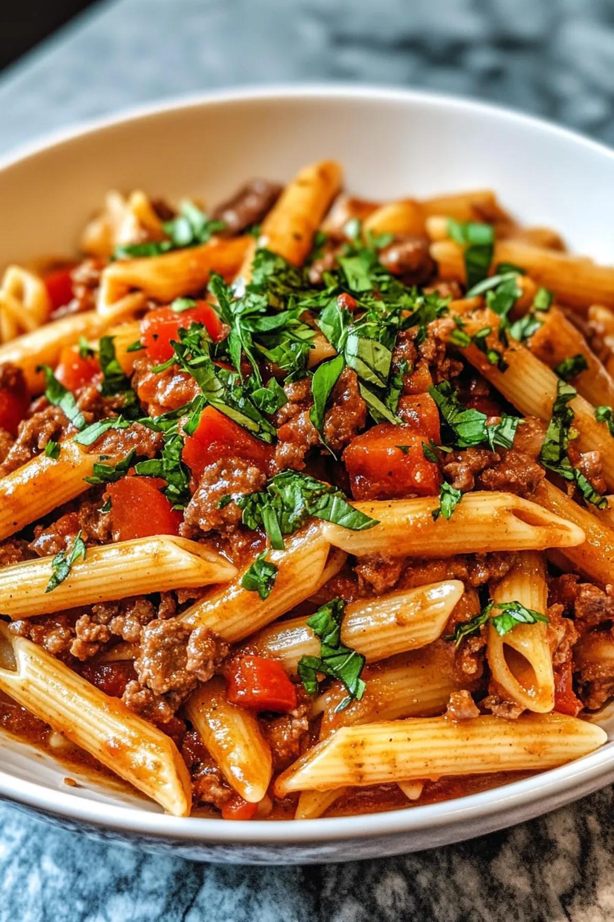 A steaming bowl of one pot creamy beef harissa pasta, twirled noodles coated in a rich red sauce, speckled with tender beef cubes, fresh parsley, and a drizzle of olive oil on a rustic wooden table card
