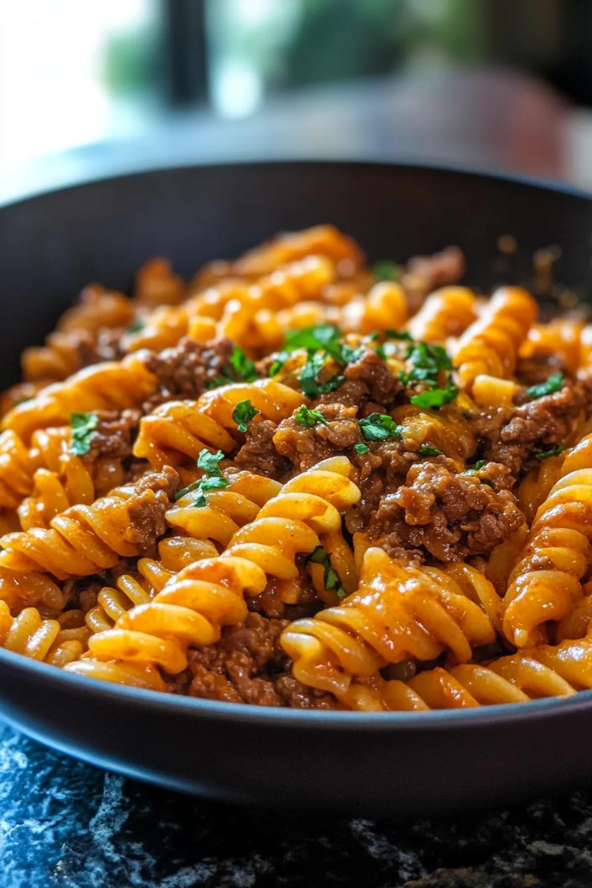 A steaming bowl of one pot creamy beef harissa pasta, twirled noodles coated in a rich red sauce, speckled with tender beef cubes, fresh parsley, and a drizzle of olive oil on a rustic wooden table