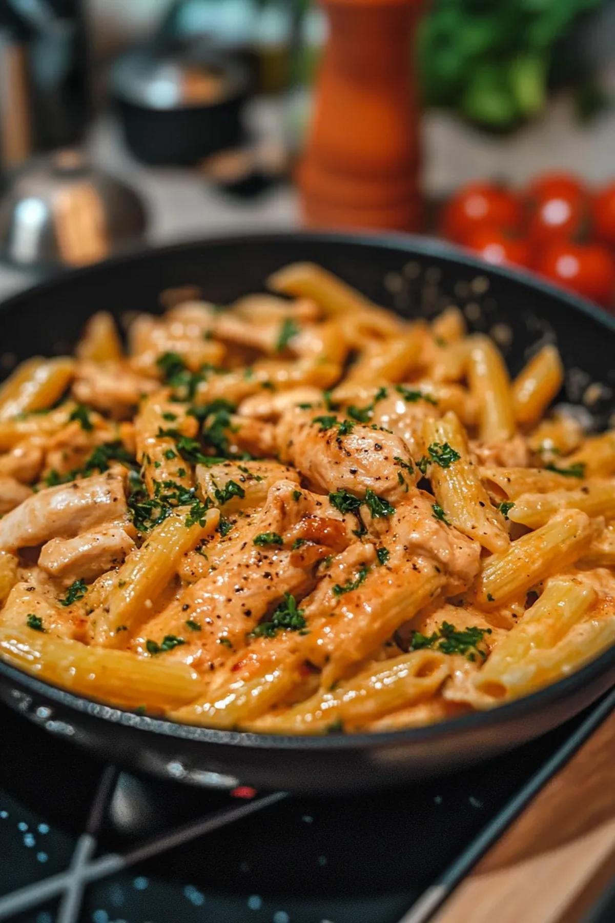 A vibrant one pot pasta chicken pasta dish, featuring tender chicken and colorful vegetables simmered in a creamy sauce, served in a rustic bowl. card