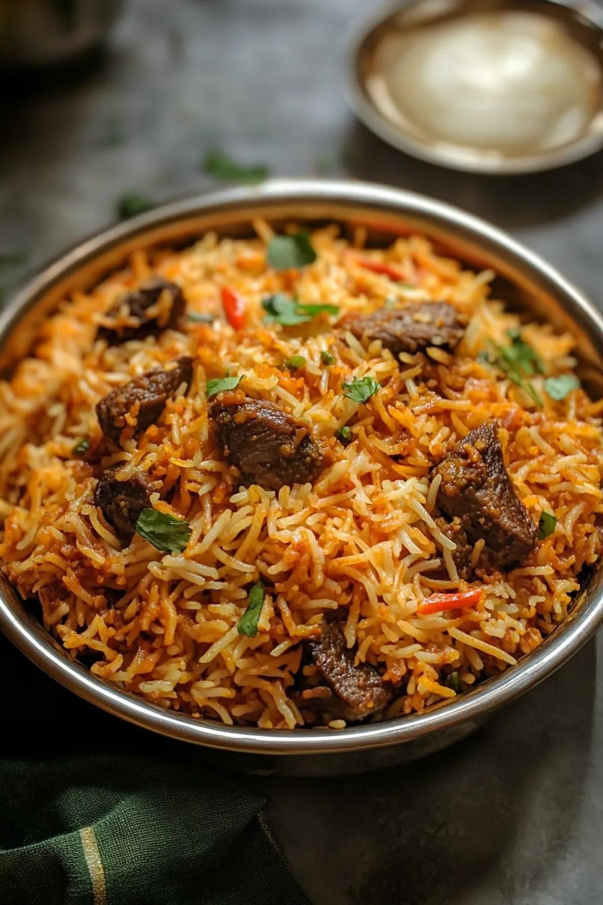 A vibrant dish of one pot lamb biryani with tender lamb pieces and aromatic rice garnished with fresh herbs. card