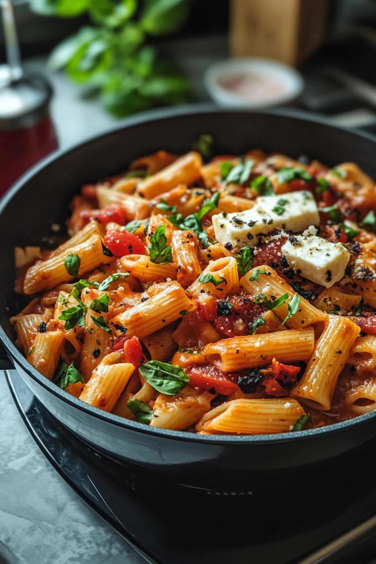 A vibrant dish of one pot pasta med halloumi, featuring golden halloumi cubes, fresh basil, and cherry tomatoes, all nestled in a creamy sauce. card