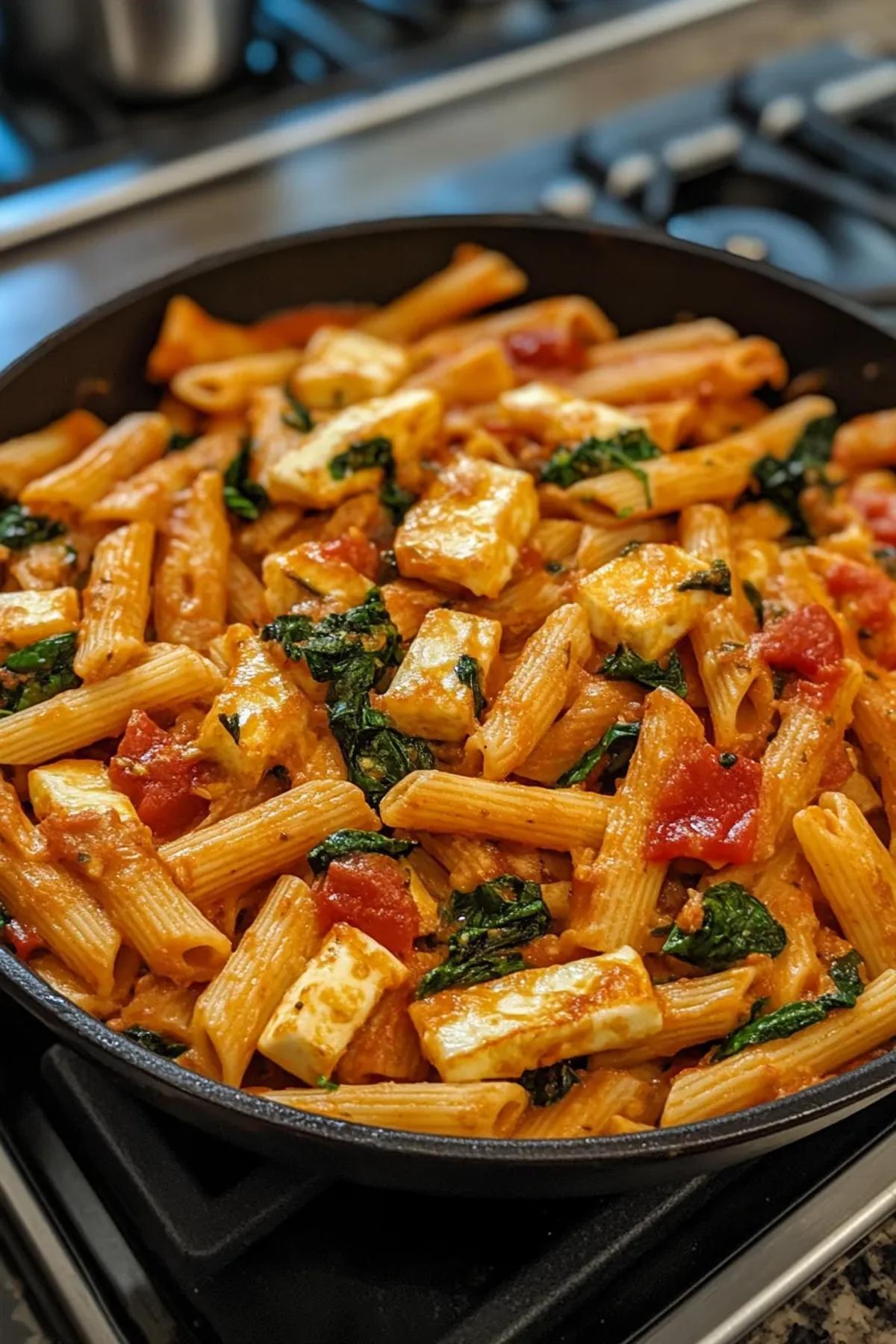 A vibrant dish of one pot pasta med halloumi, featuring golden halloumi cubes, fresh basil, and cherry tomatoes, all nestled in a creamy sauce.