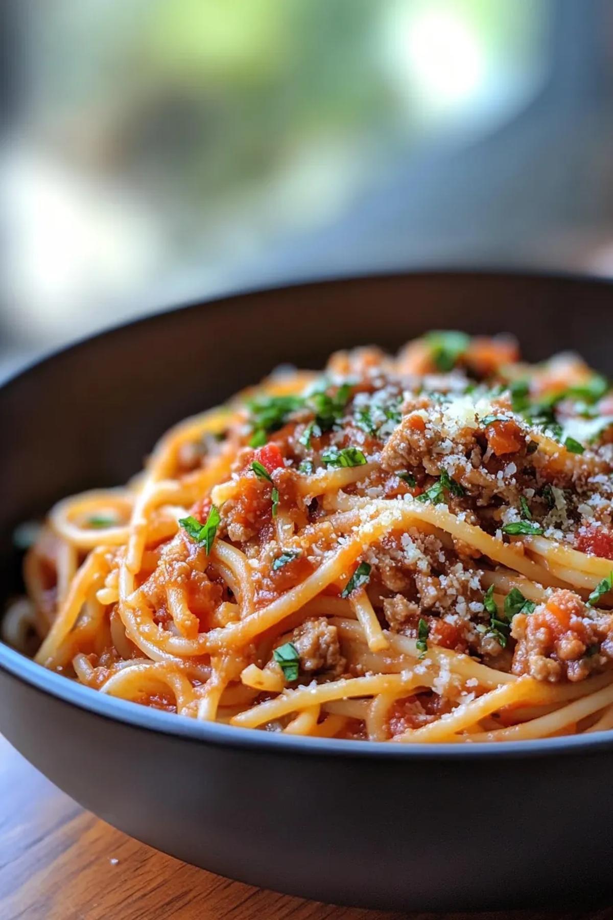 One pot pasta with pasta sauce, beautifully plated with a medley of colorful seasonal vegetables and fresh herbs, evoking comfort and warmth. card