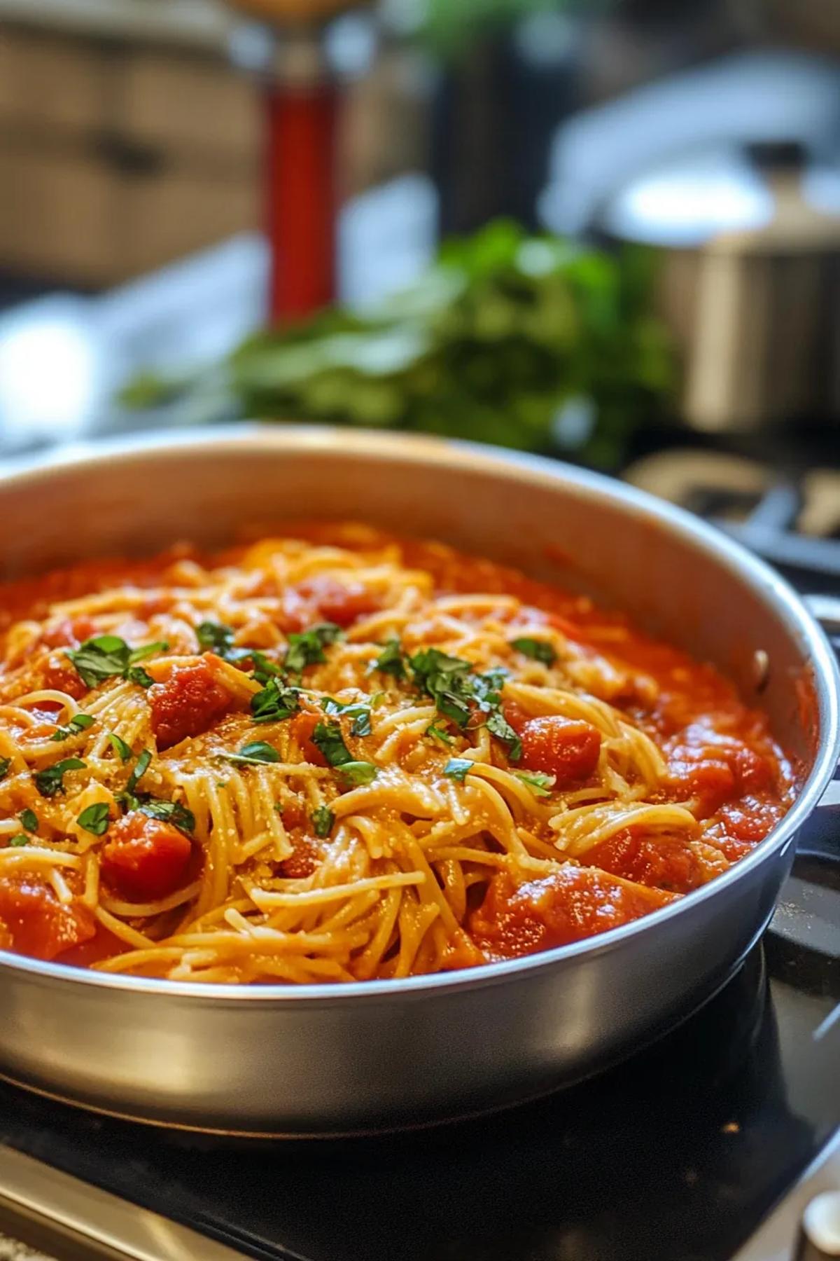One Pot Pasta with Rich Tomato Sauce and Seasonal Veggies