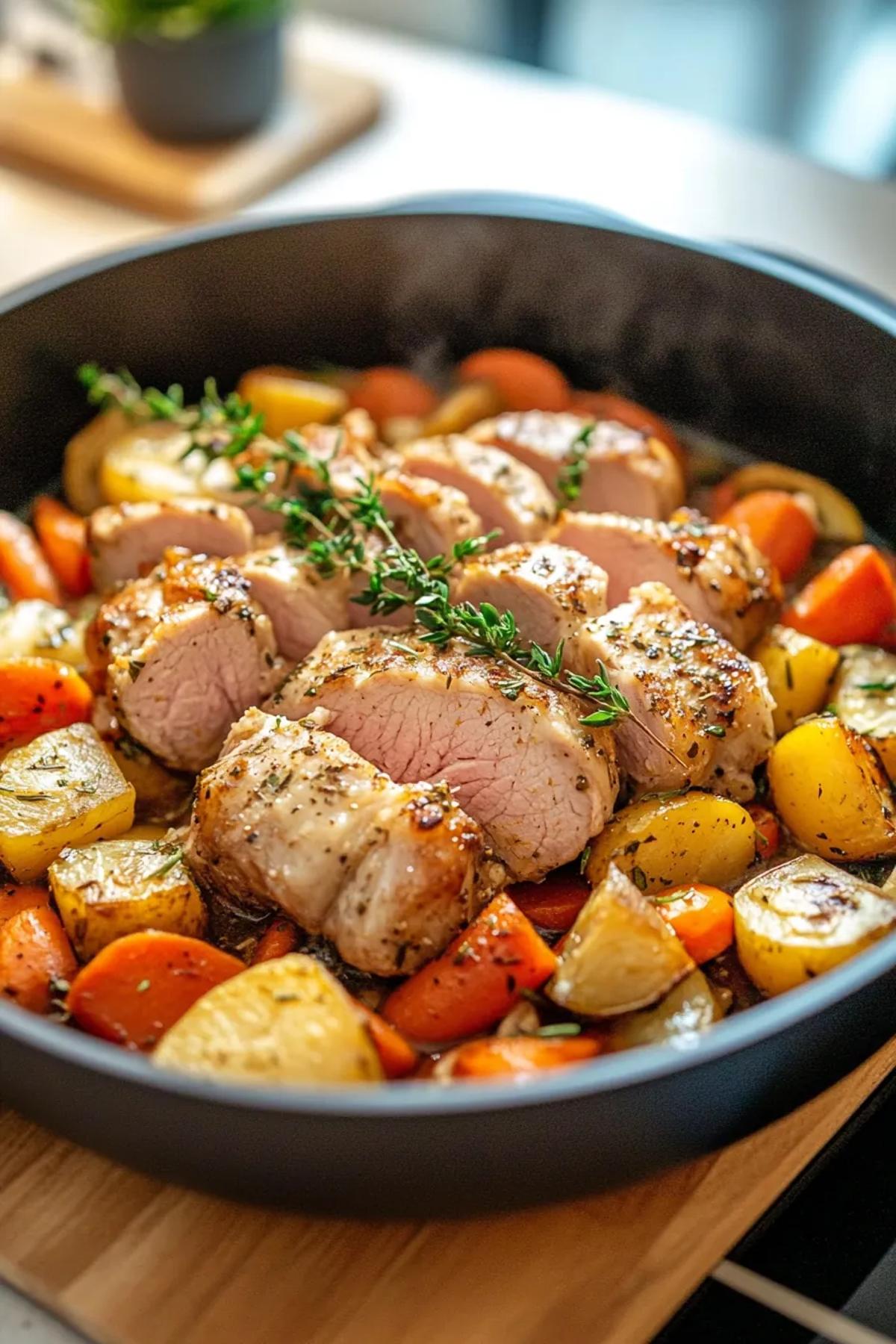 One pot pork tenderloin surrounded by roasted seasonal vegetables in a cast iron skillet. card