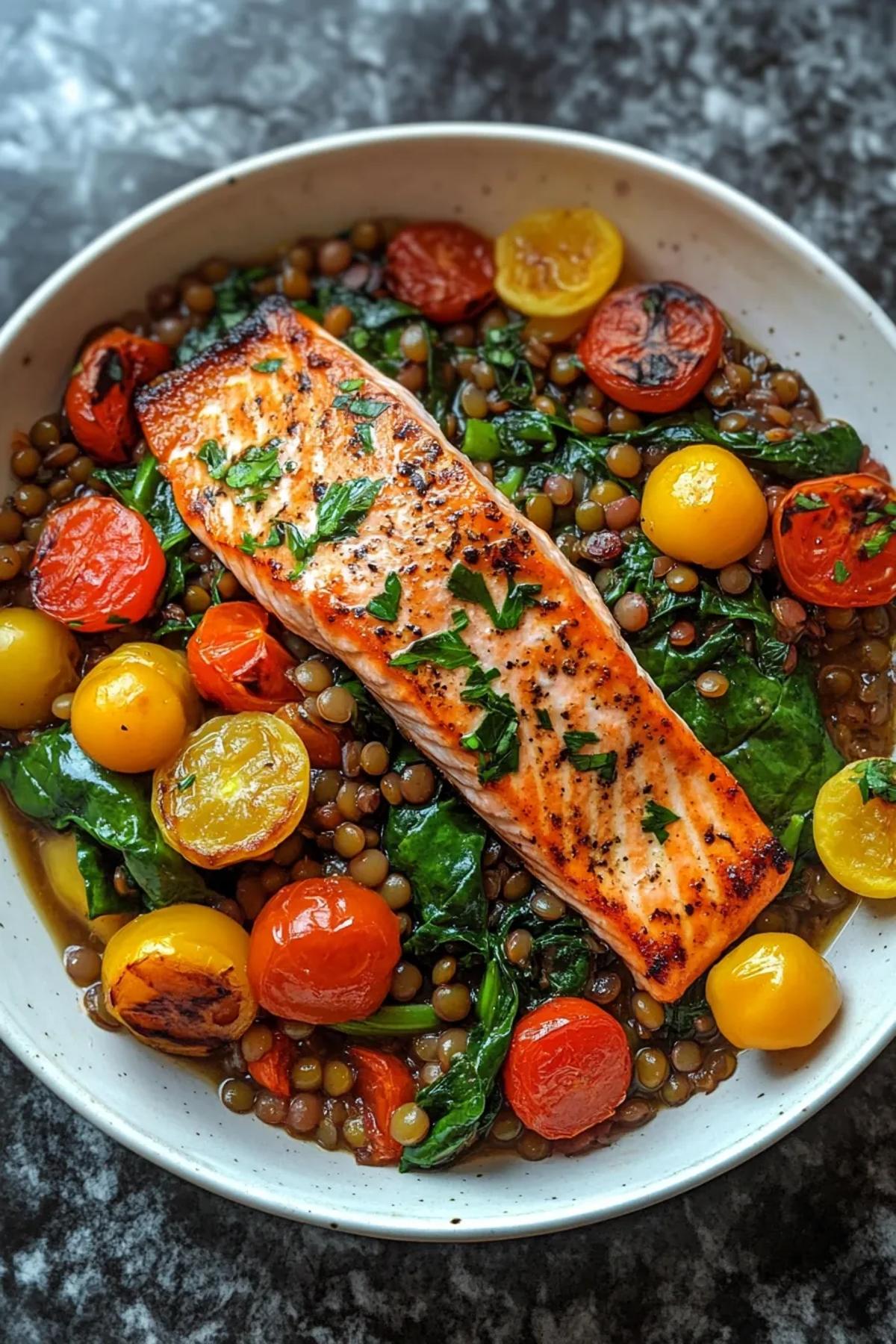 A luscious pot of salmon, spinach, and lentils, perfectly cooked in harmony. card