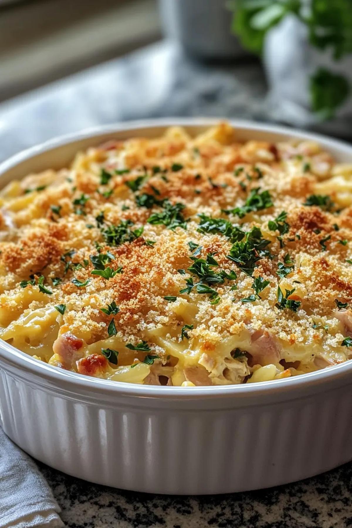 A comforting one pot tuna casserole with a golden, crispy topping and a creamy interior. card