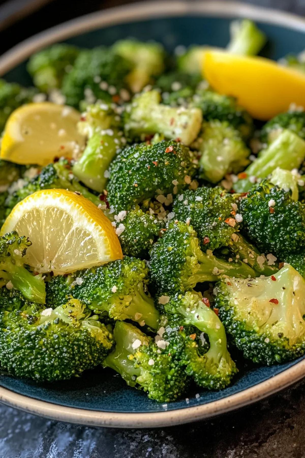 Golden roasted broccoli florets with lemon slices and garlic cloves on a baking sheet. card