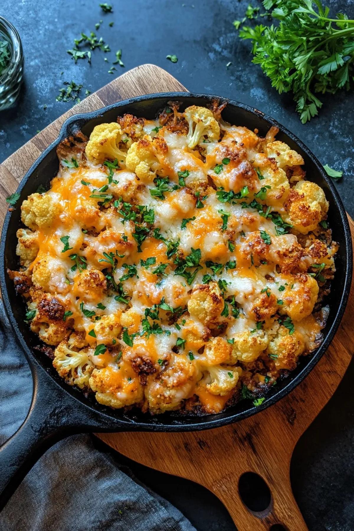 A vibrant skillet of cheesy cauliflower with golden crust and fresh herbs. card