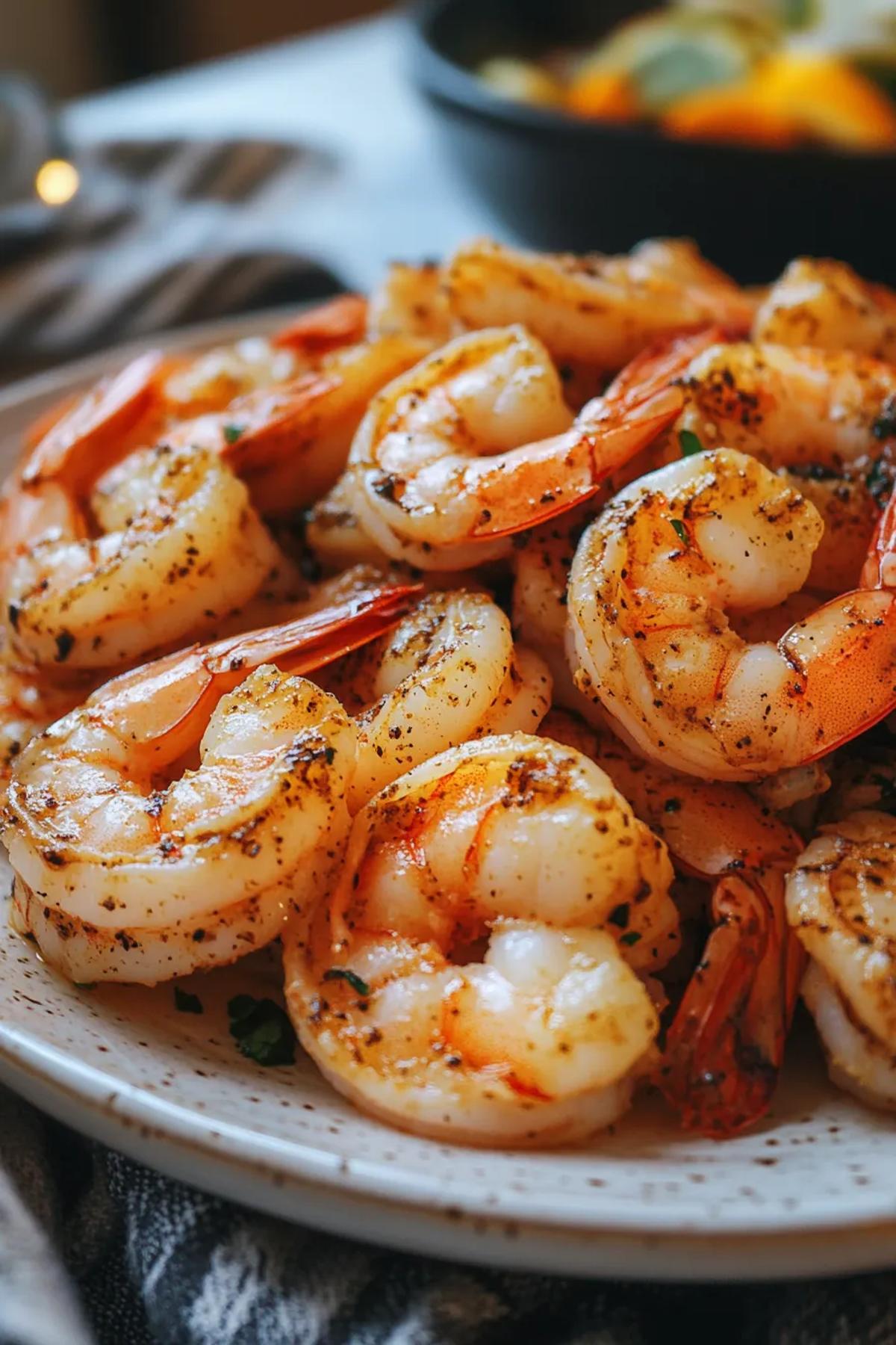 Sizzling shrimp with garlic and herbs in a cast iron skillet. card