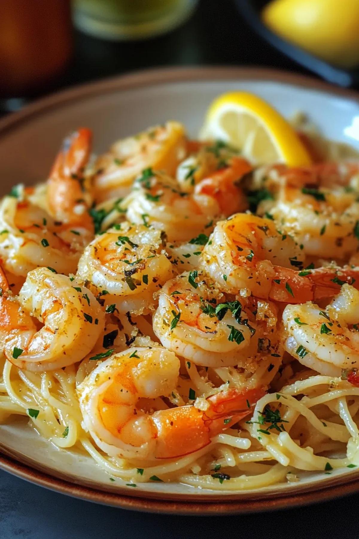 Golden shrimp scampi with garlic and parsley on a white plate card