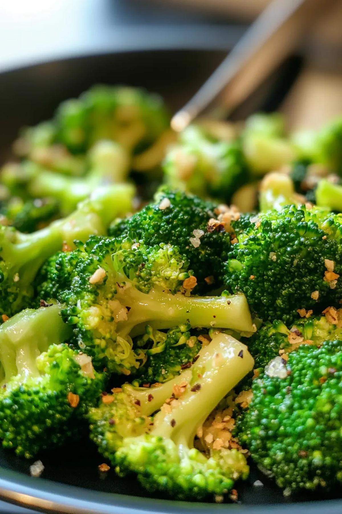 Freshly sautéed broccoli with garlic and lemon in a skillet. card