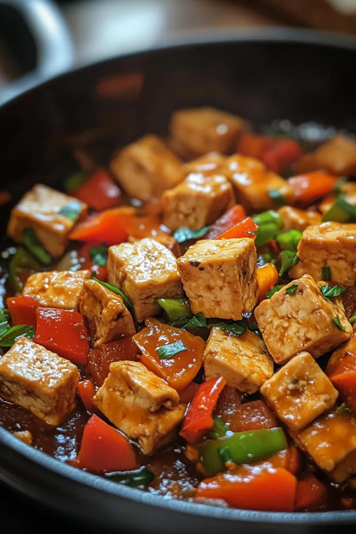 A colorful tofu stir-fry with mixed vegetables in a rustic pan. card