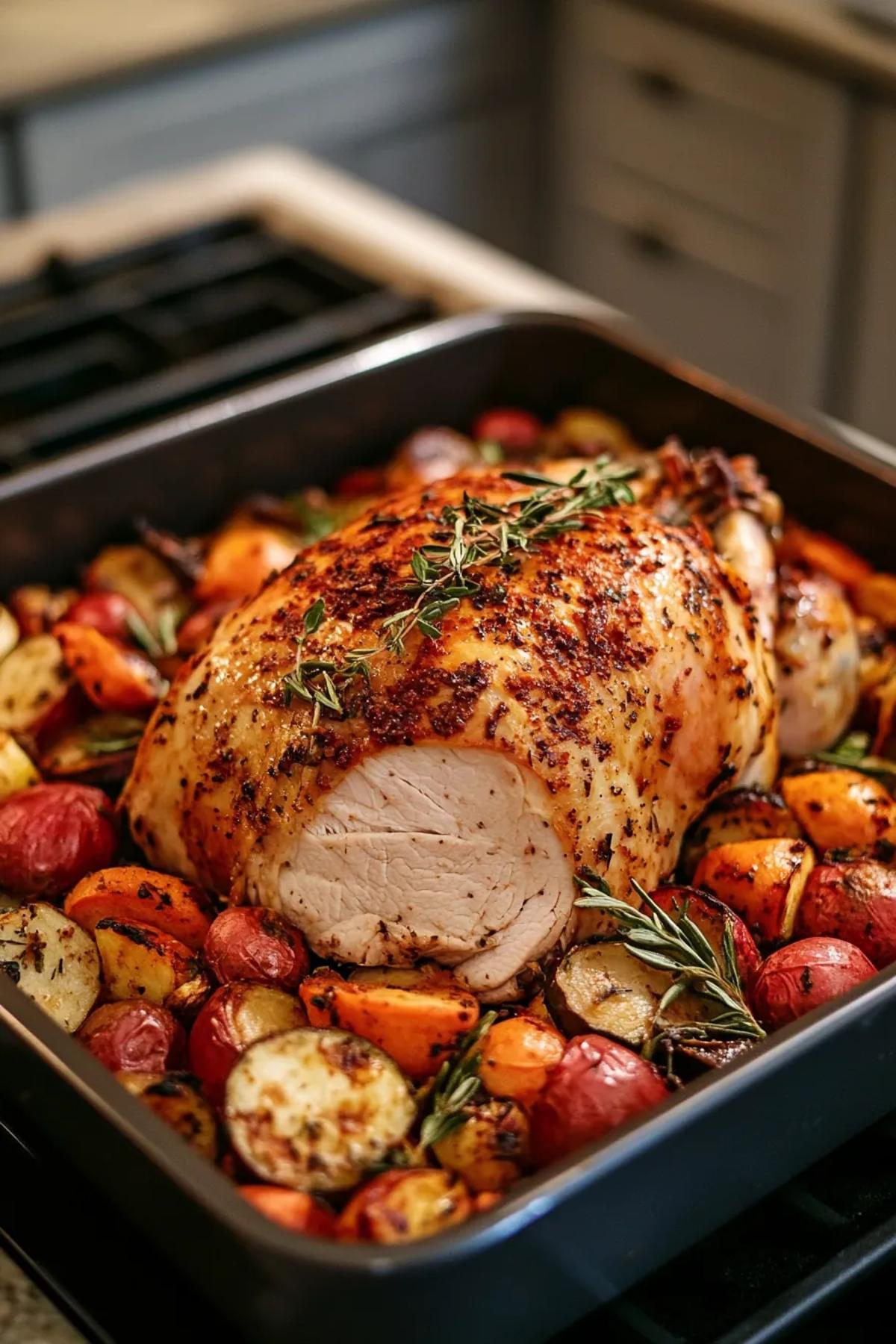 Seasoned turkey slices with roasted seasonal vegetables on a rustic wooden board. card