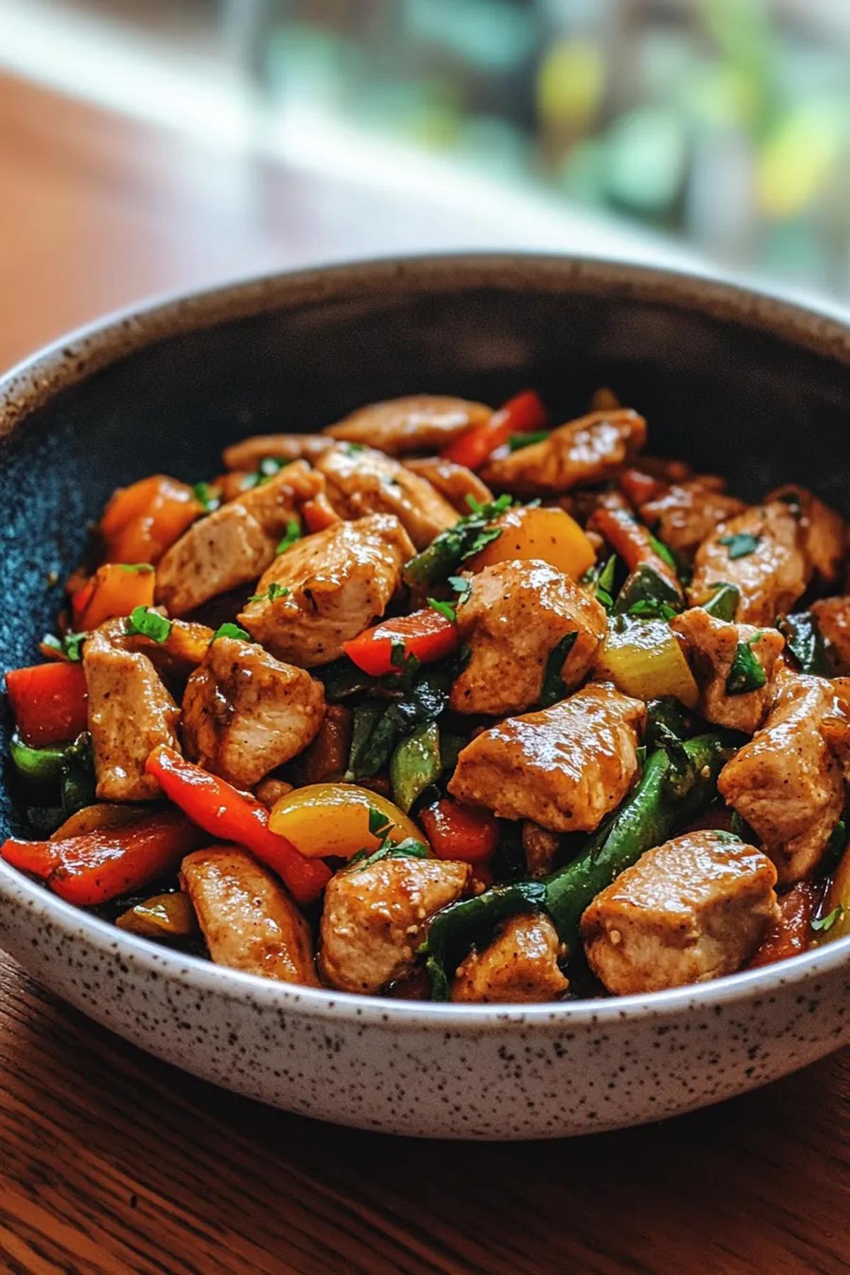 Sizzling turkey stir-fry with vibrant seasonal vegetables in a wok. card