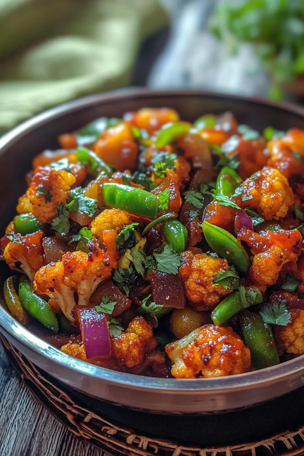 Golden, spiced cauliflower florets glistening in a stainless steel pan. card