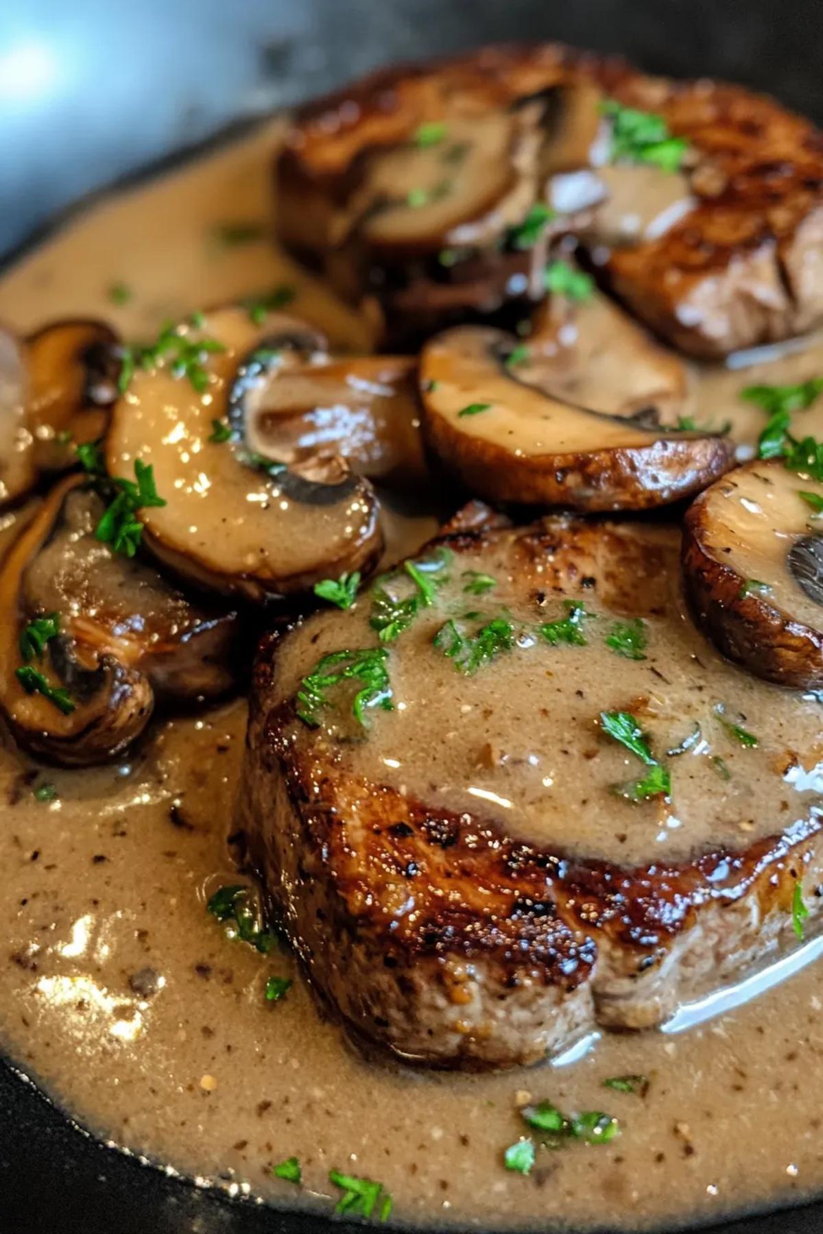 Savory mushroom sauce poured over a perfectly cooked steak on a white plate. card