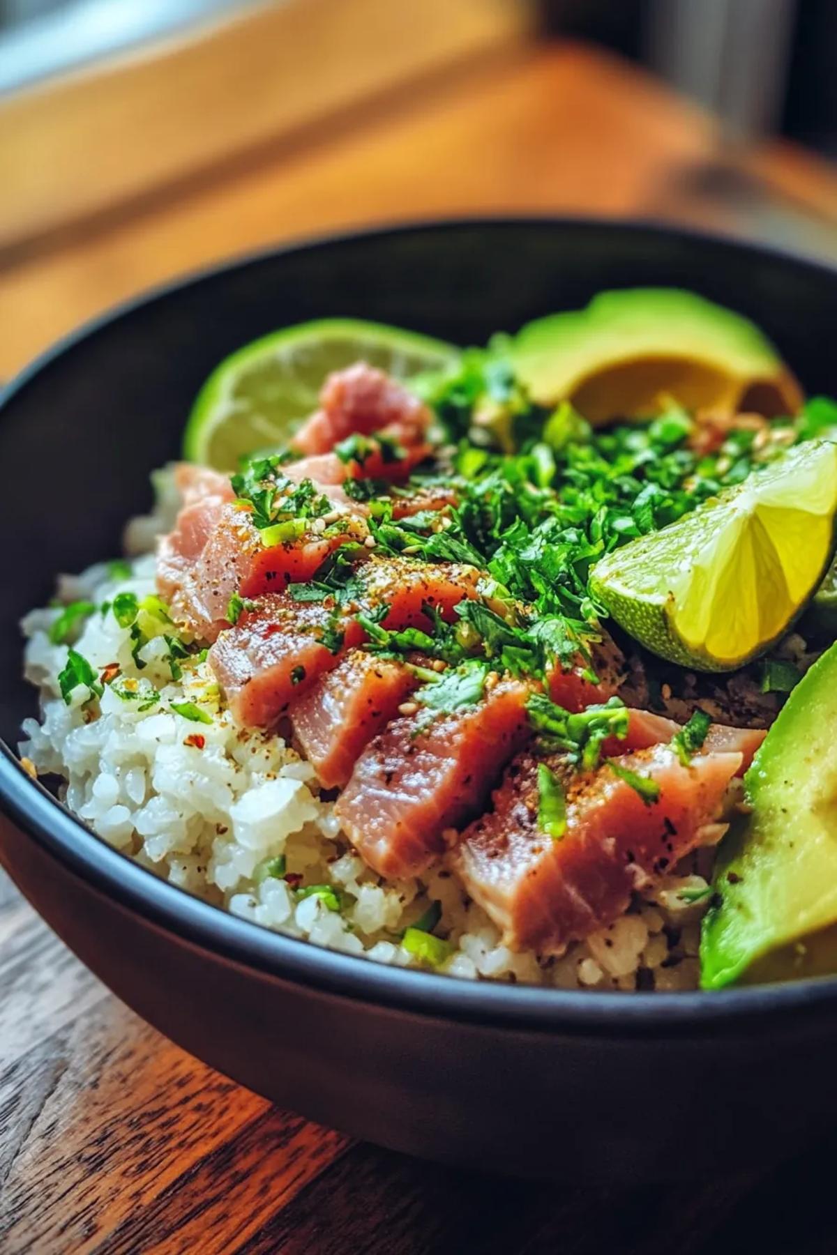 A vibrant plate of quick tuna lunch with avocado slices and lime wedges. card