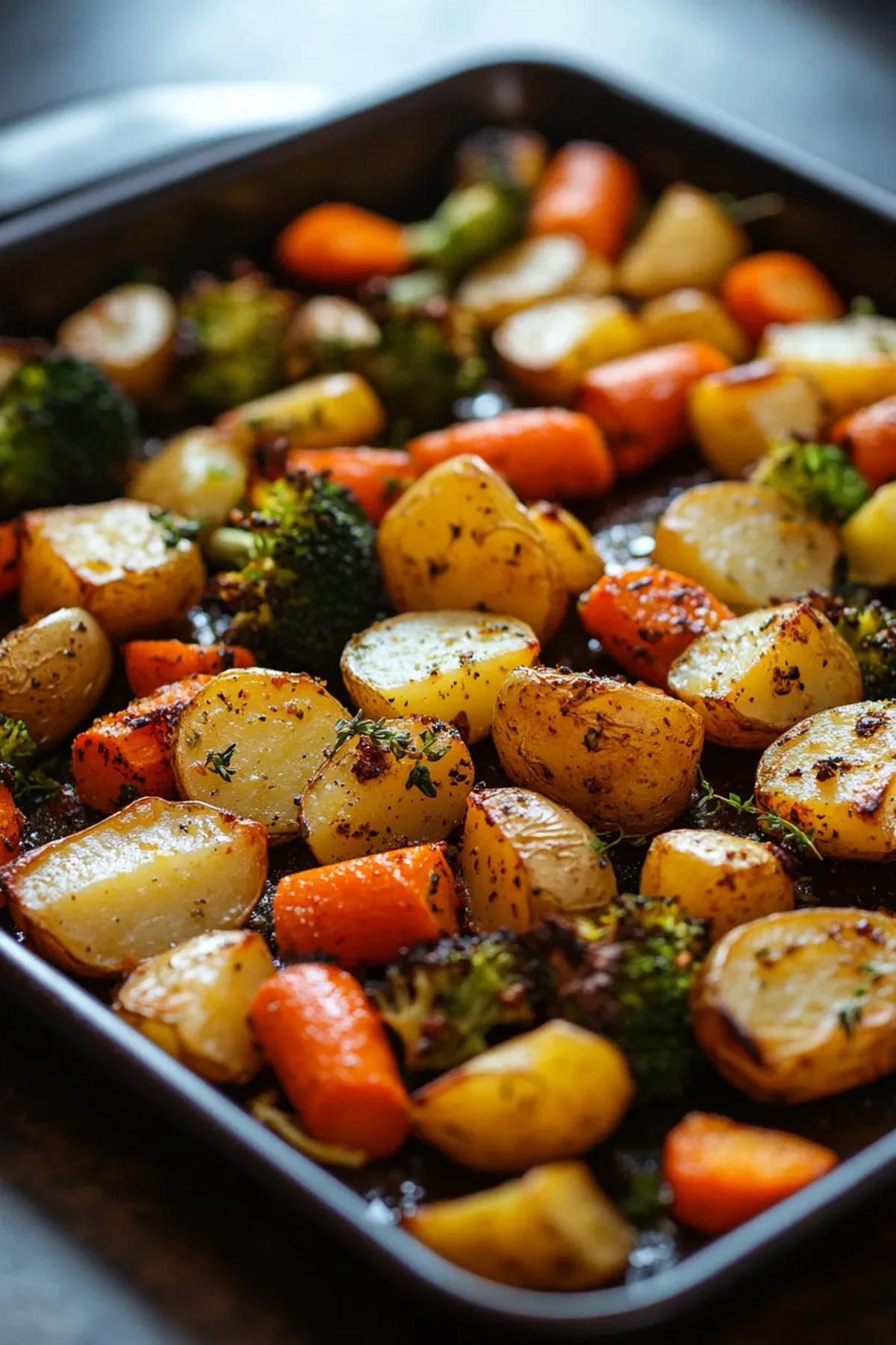 A colorful sheet pan filled with roasted broccoli, carrots, and potatoes, drizzled with olive oil and garnished with fresh herbs, showcasing vibrant seasonal ingredients.