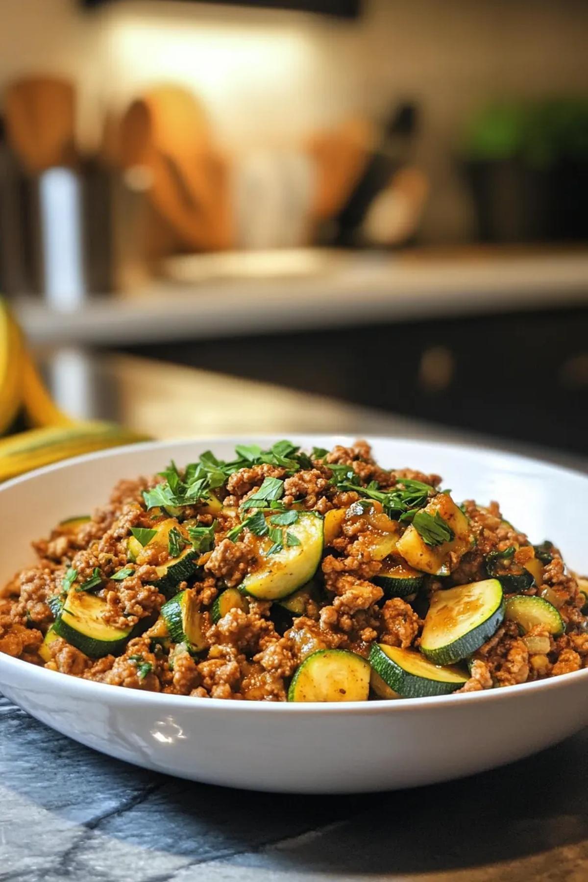 Hearty ground turkey dinner with fresh zucchini and herbs served in a ceramic dish. card