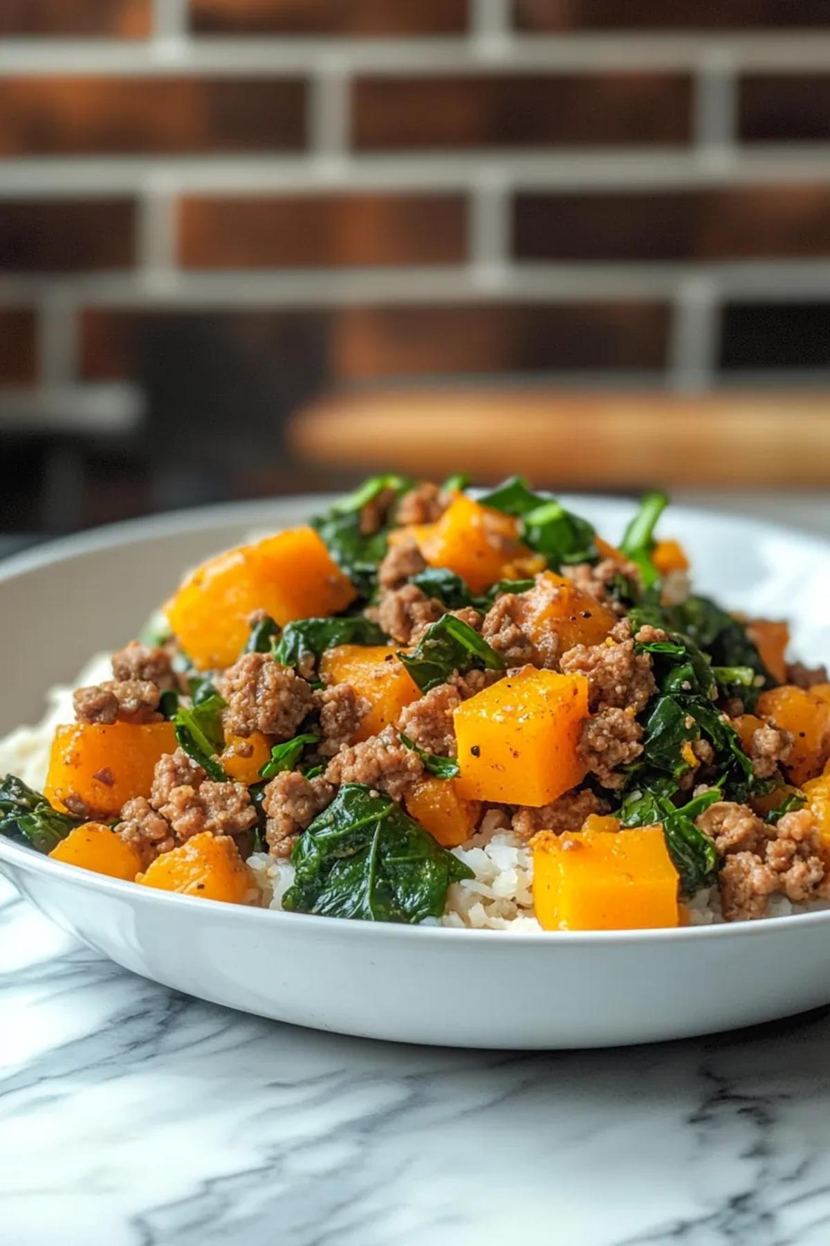 Savory Ground Turkey Dinner with Butternut Squash and Spinach