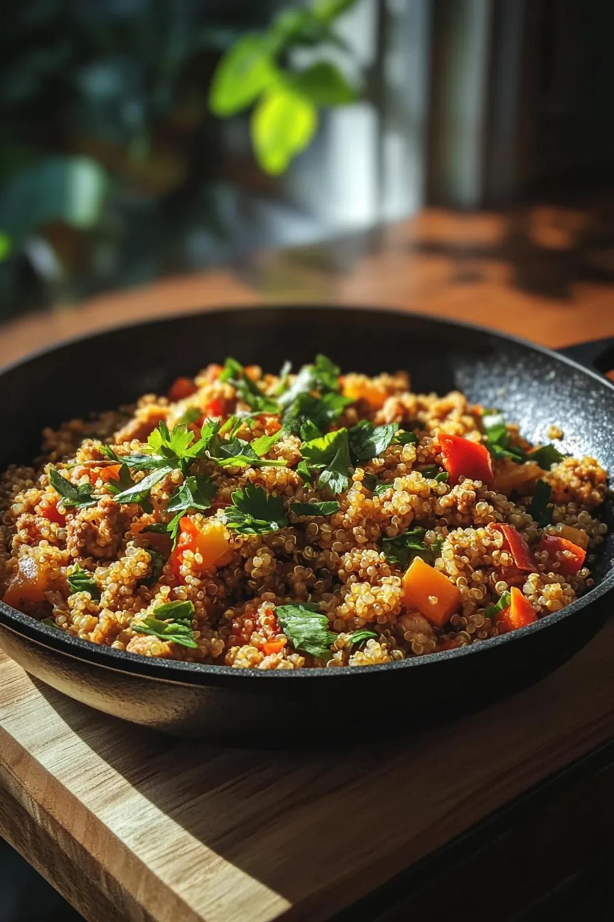 Savory ground turkey and quinoa skillet with colorful vegetables and herbs. card