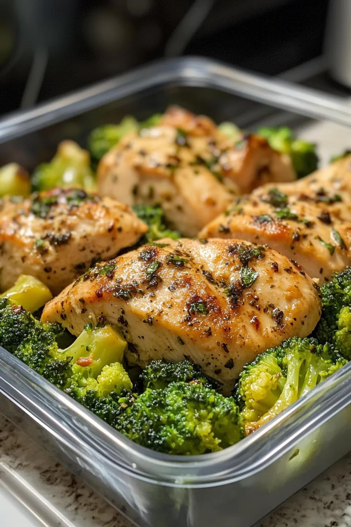 A delicious low carb chicken and broccoli meal prep, featuring tender chicken breast, bright green broccoli florets, and a drizzle of savory sauce in meal prep containers. card