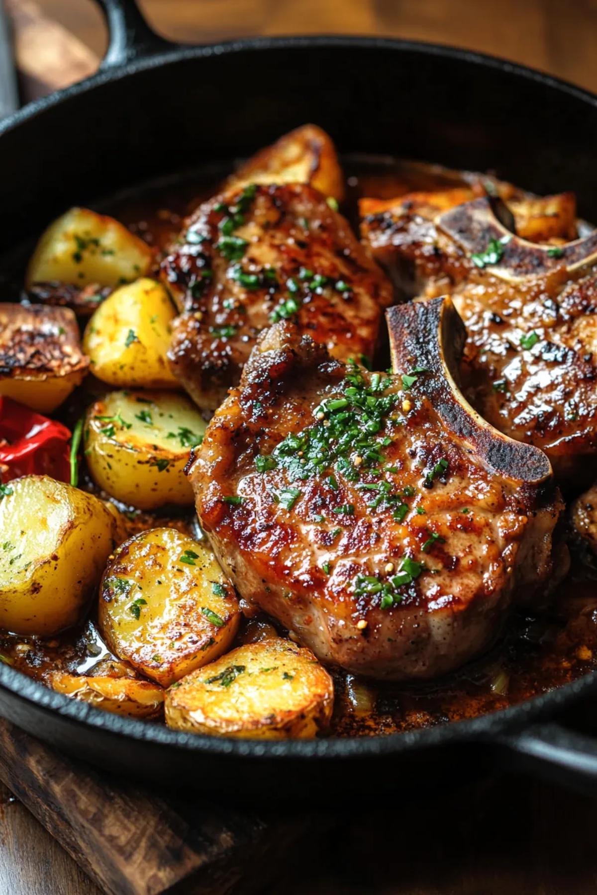 Golden seared pork chops nestled among rosemary-infused potatoes in a rustic cast iron skillet. card