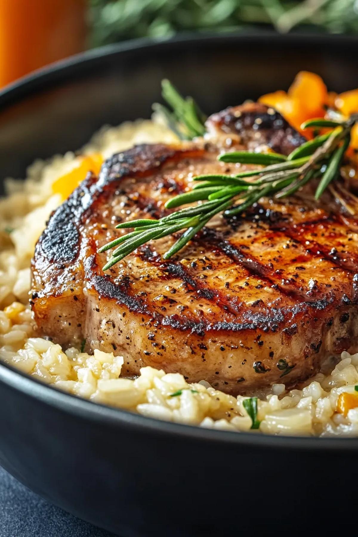Tender pork chops nestled in a bed of fluffy rice with herbs and vegetables in a rustic pot. card