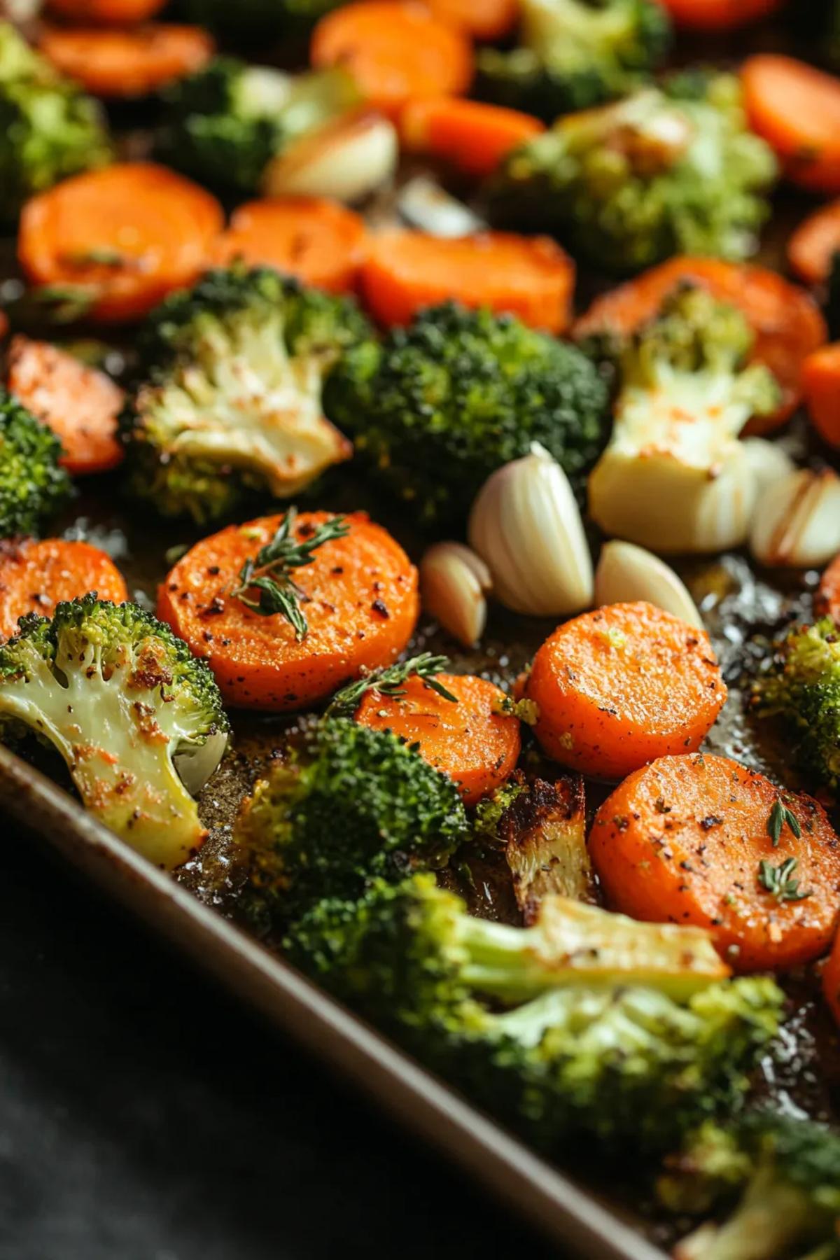 Savory Sheet Pan Roasted Broccoli and Carrots with Garlic and Thyme