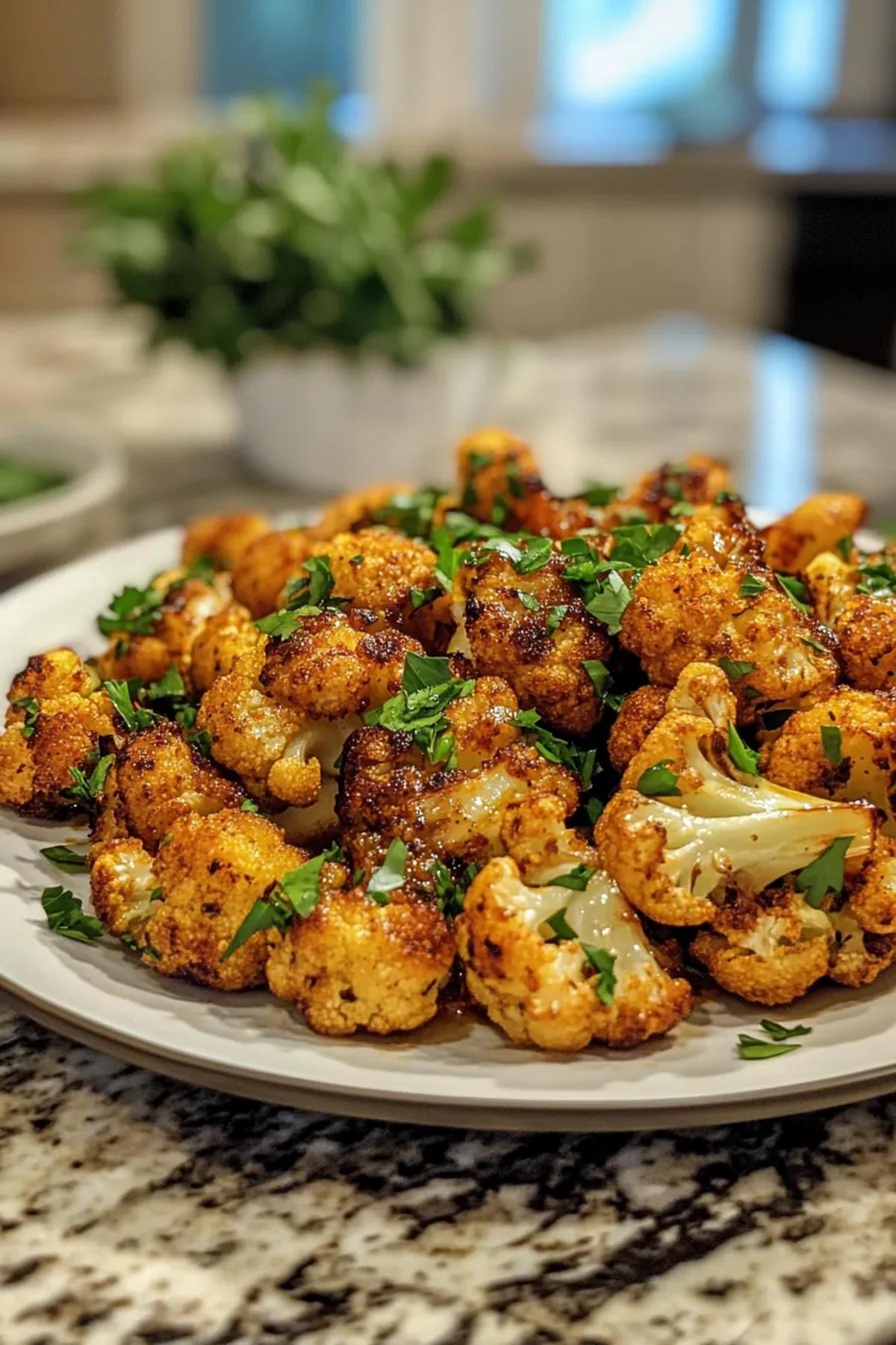 Golden-brown cauliflower florets sautéed with spices in a skillet. card