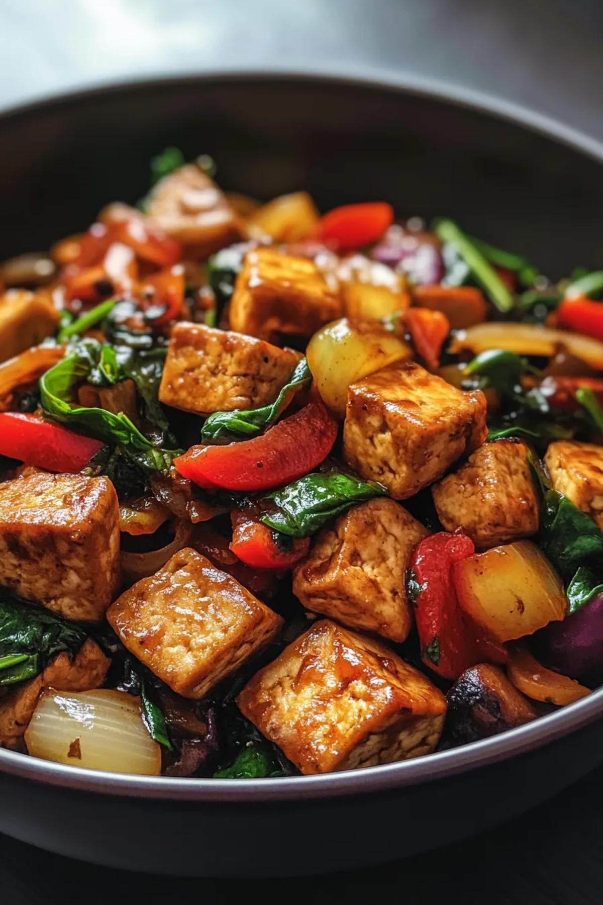 Crisp tofu cubes stir-fried with bright seasonal vegetables in a sizzling wok. card