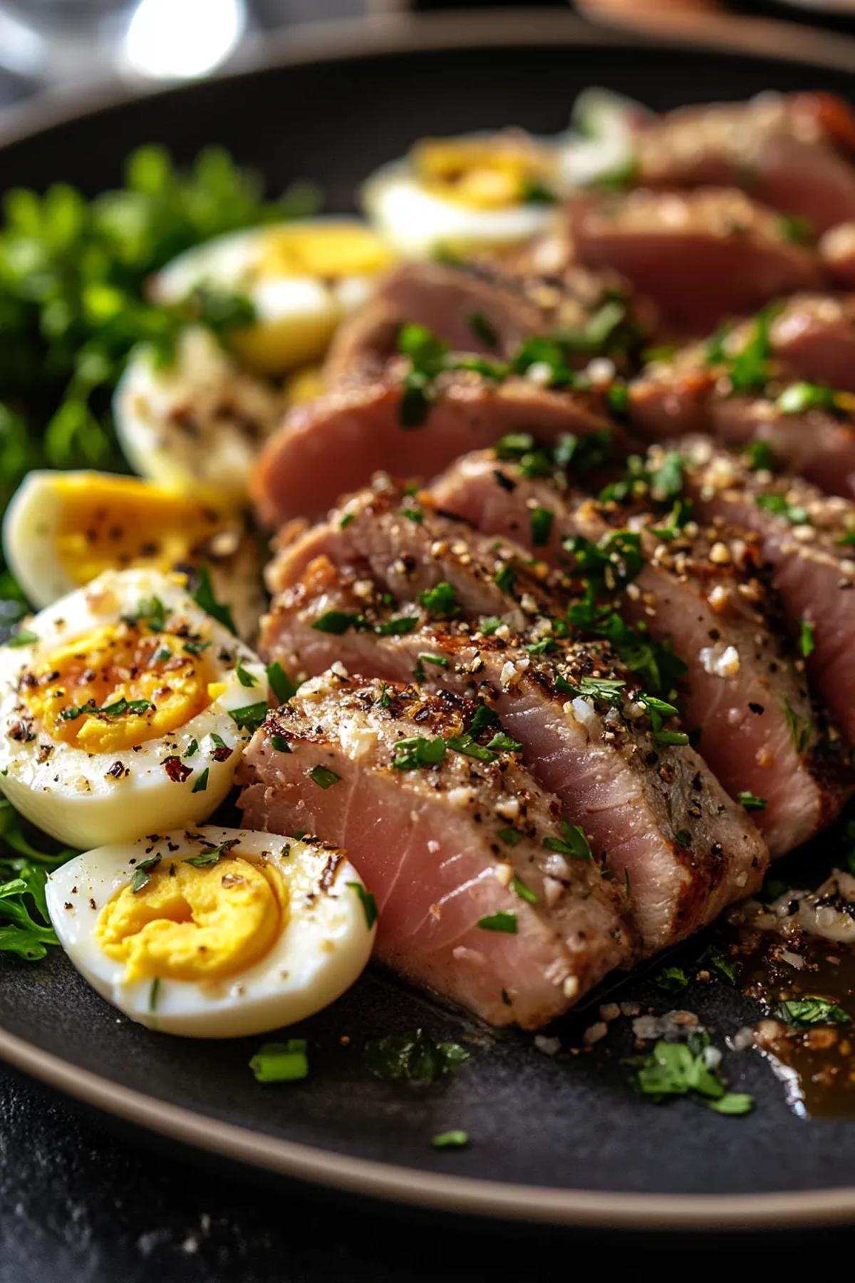 A vibrant dish of tuna and egg garnished with fresh herbs. card