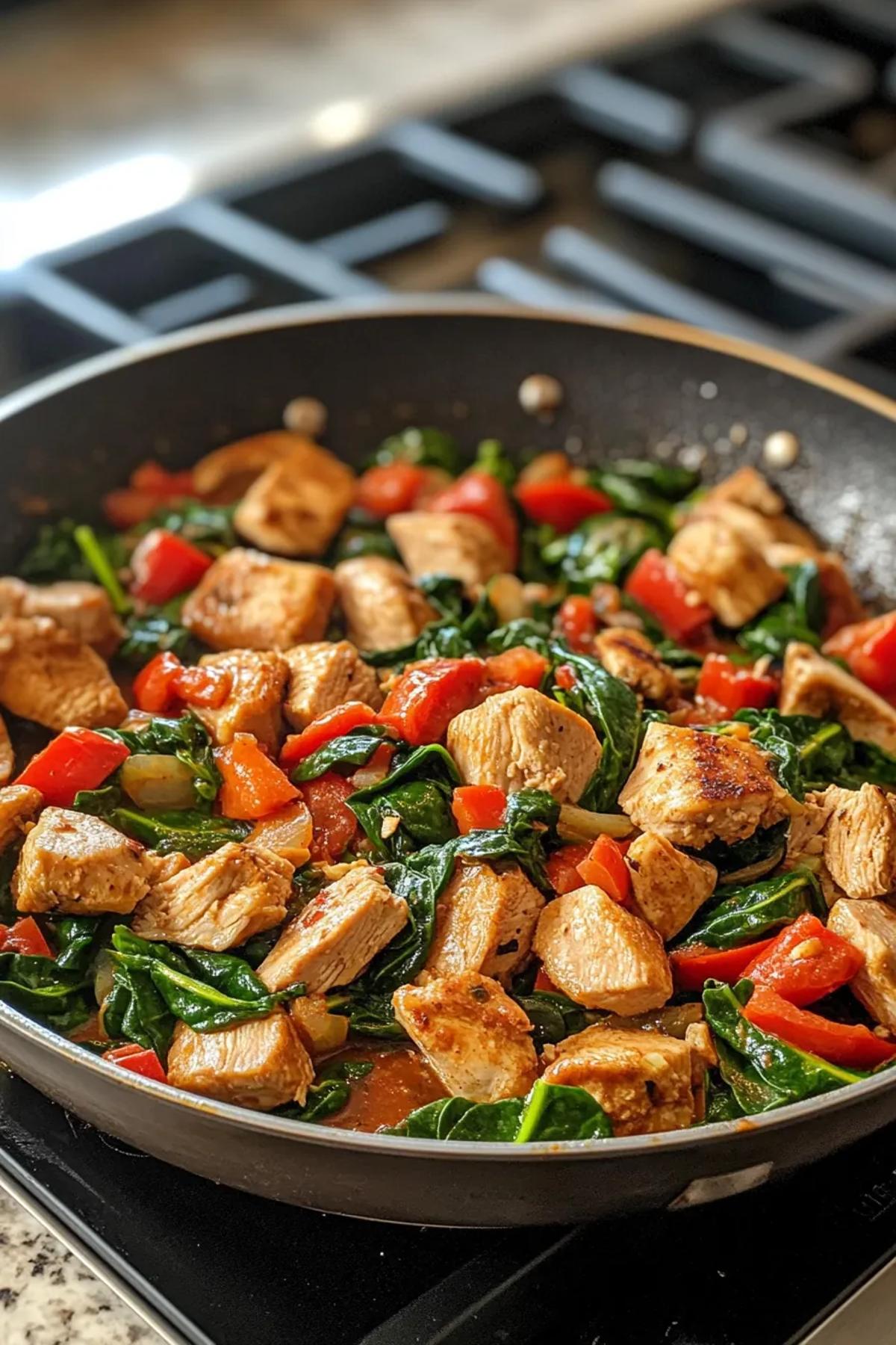 A vibrant turkey and spinach skillet with fresh herbs, ready to serve. card