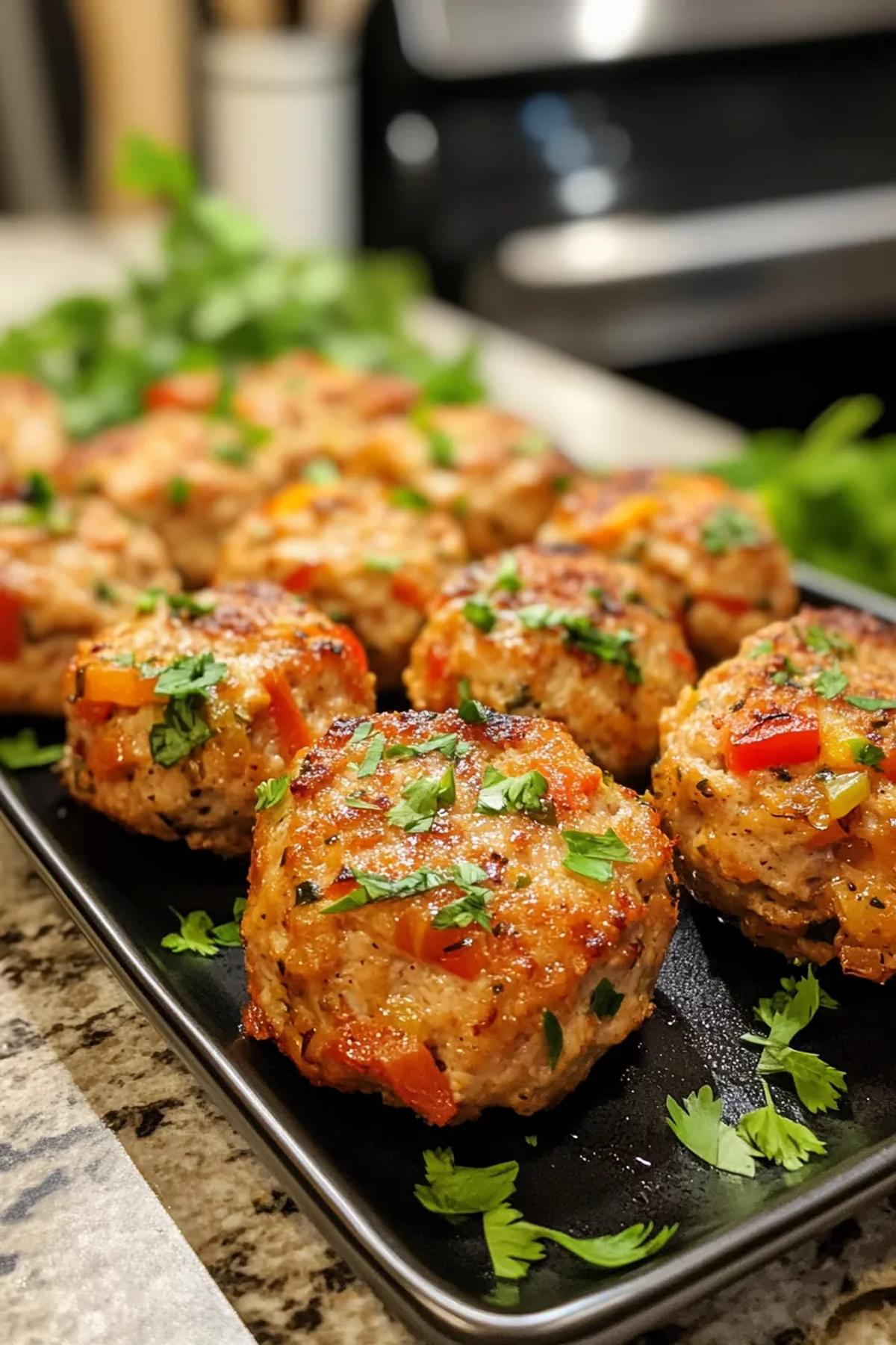 Golden-browned turkey and veggie mini meatloaves topped with a tangy glaze on a white platter. card