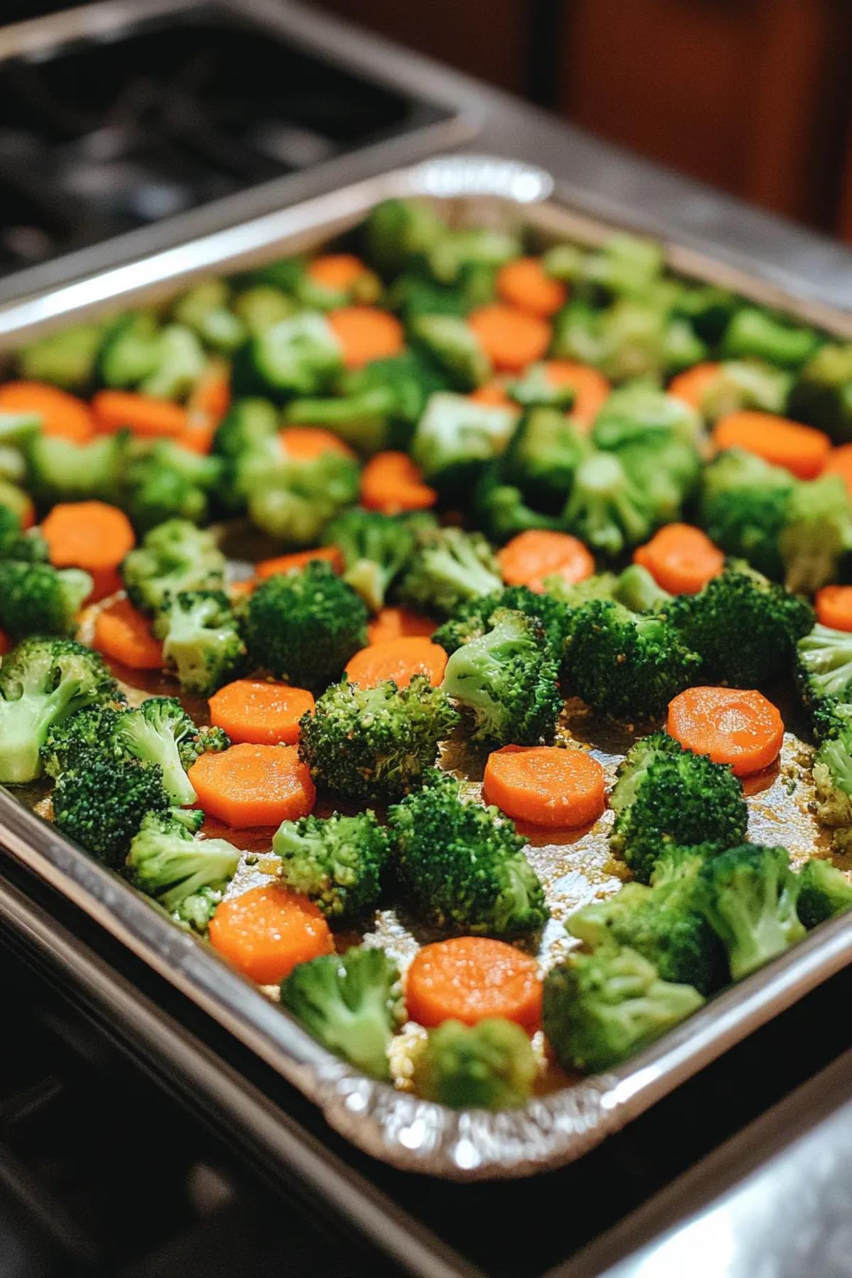A beautifully arranged sheet pan broccoli and baby carrots garnished with fresh herbs and a zesty lemon dressing, showcasing vibrant colors and textures. card