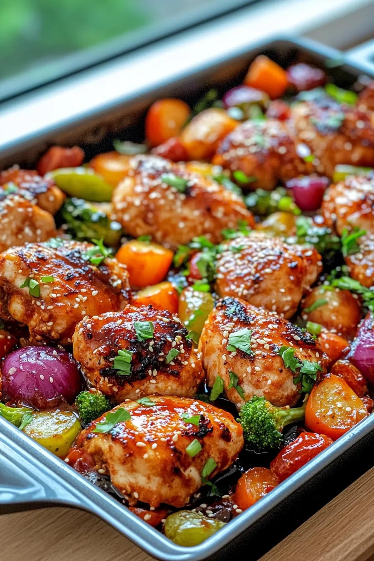 A vibrant display of sheet pan gochujang chicken and vegetables, with golden-brown chicken pieces nestled among colorful seasonal vegetables, all glistening with a savory glaze.