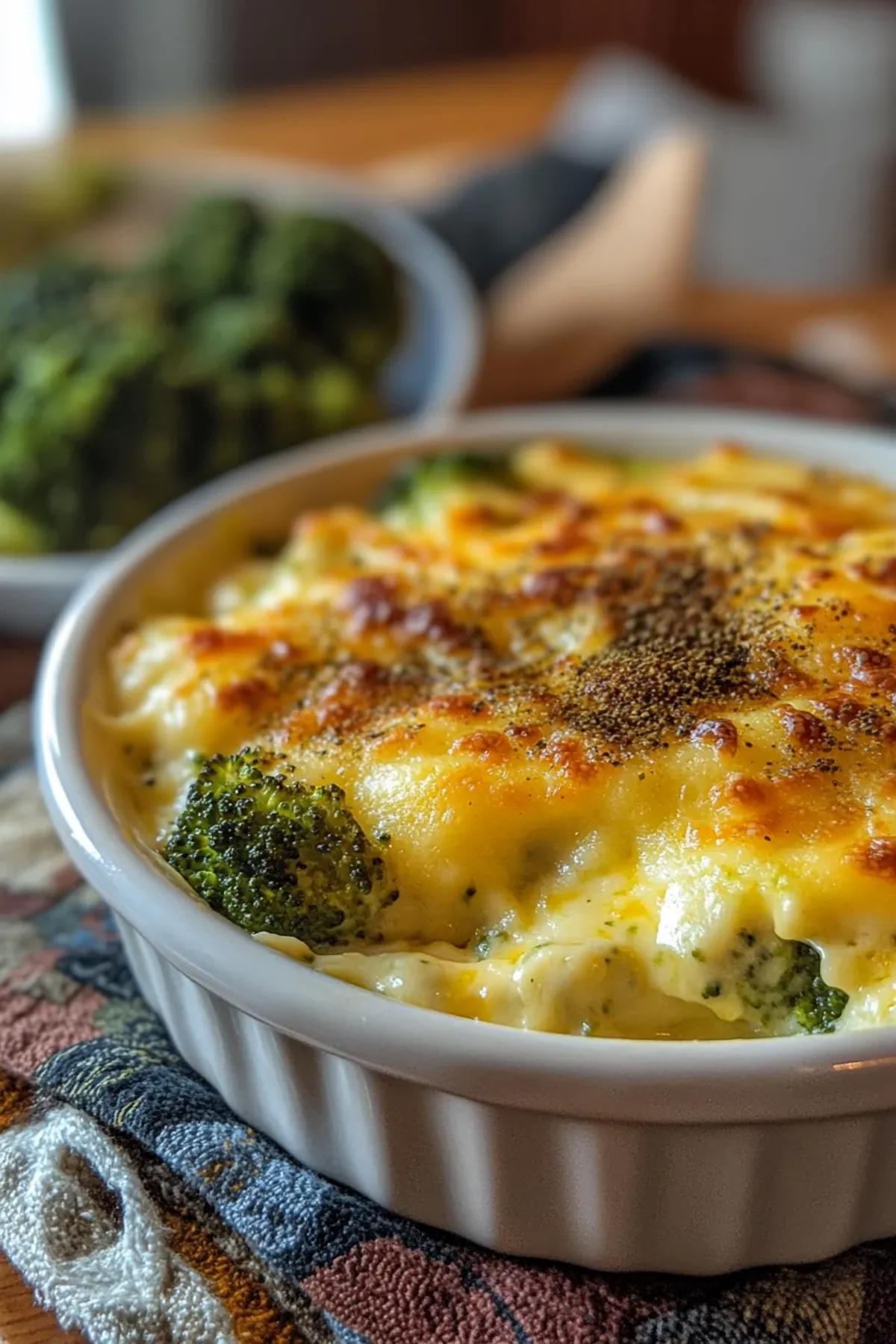 A plate of cheesy broccoli topped with toasted breadcrumbs on a rustic wooden table. card