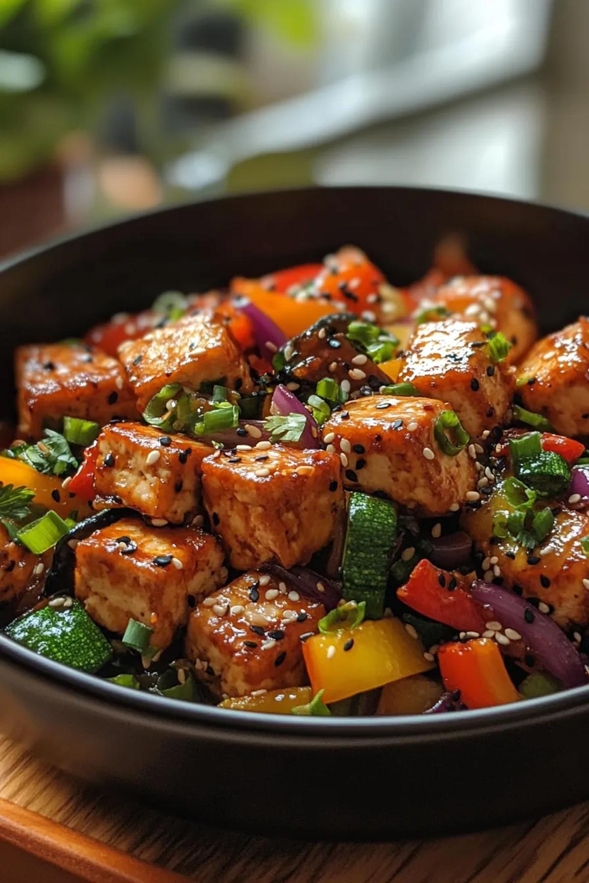Golden sesame-crusted tofu cubes atop a vibrant bed of rainbow vegetables. card