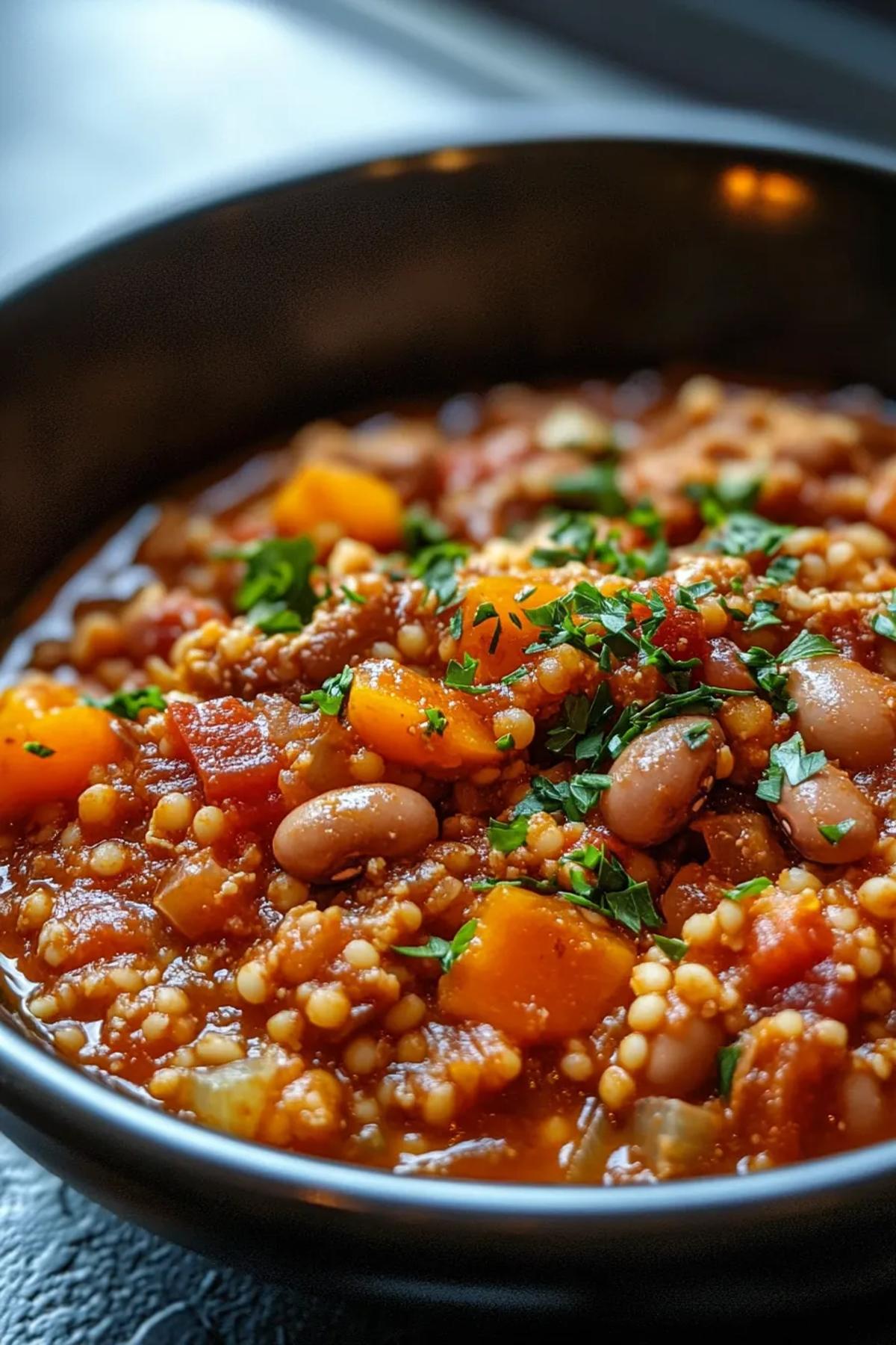 Vibrant slow cooker harissa bean and couscous stew served in a rustic bowl, speckled with fresh herbs, ruby harissa broth, and golden couscous pearls, evoking coastal warmth.