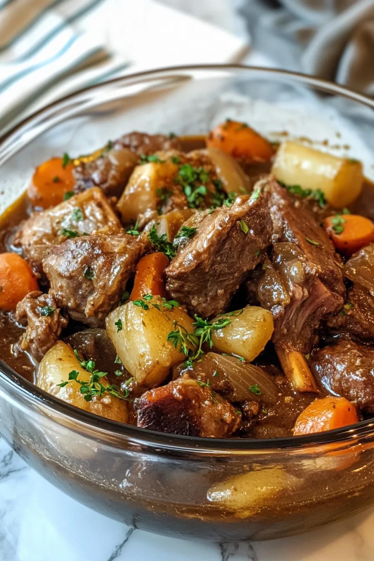 Tender lamb shank cooked with seasonal root vegetables in a slow cooker. card