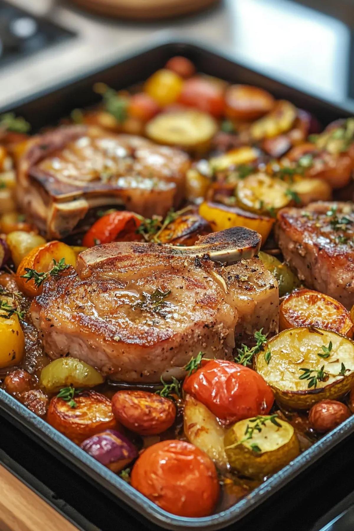One pot pork chops with a medley of colorful seasonal vegetables in a rustic cast iron skillet. card