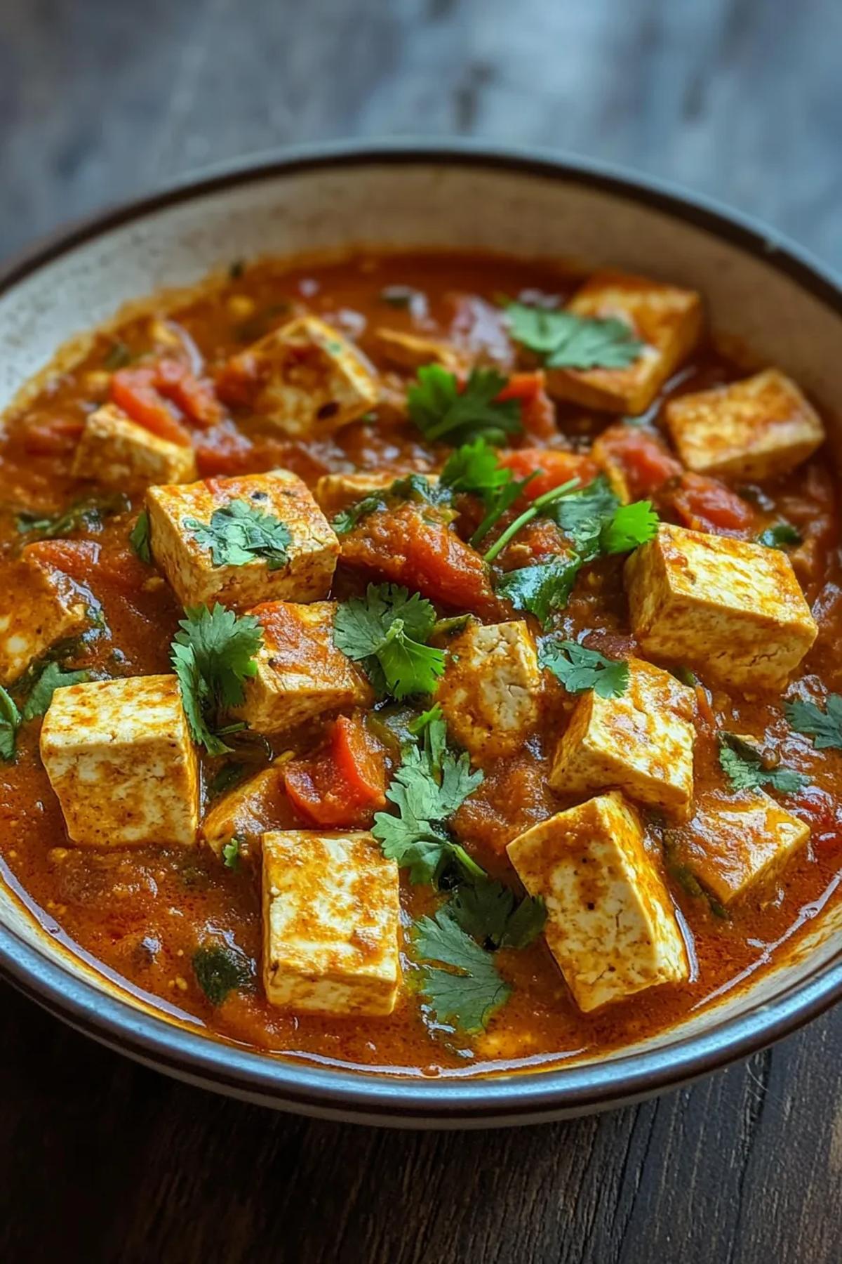 A vibrant bowl of spicy Indian tofu curry, garnished with fresh cilantro and served with steaming basmati rice, showcasing the rich color and texture of this high protein tofu dish. card