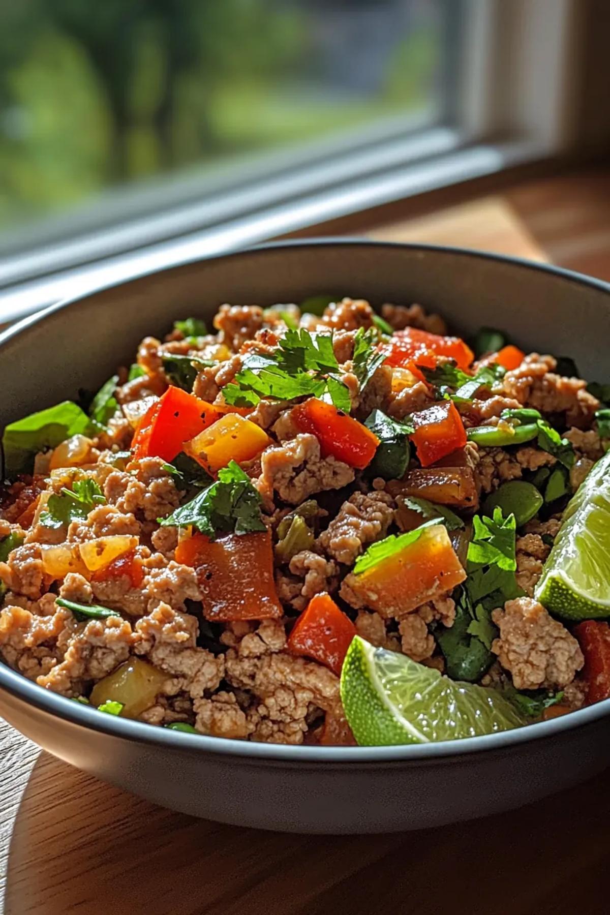 A sizzling skillet of ground turkey stir‑fry brightened by orange bell peppers, emerald snap peas, and a glossy lime‑ginger glaze, served on a rustic wooden board with fresh cilantro and lime wedges, showcasing the 15 minute ground turkey recipes theme. card