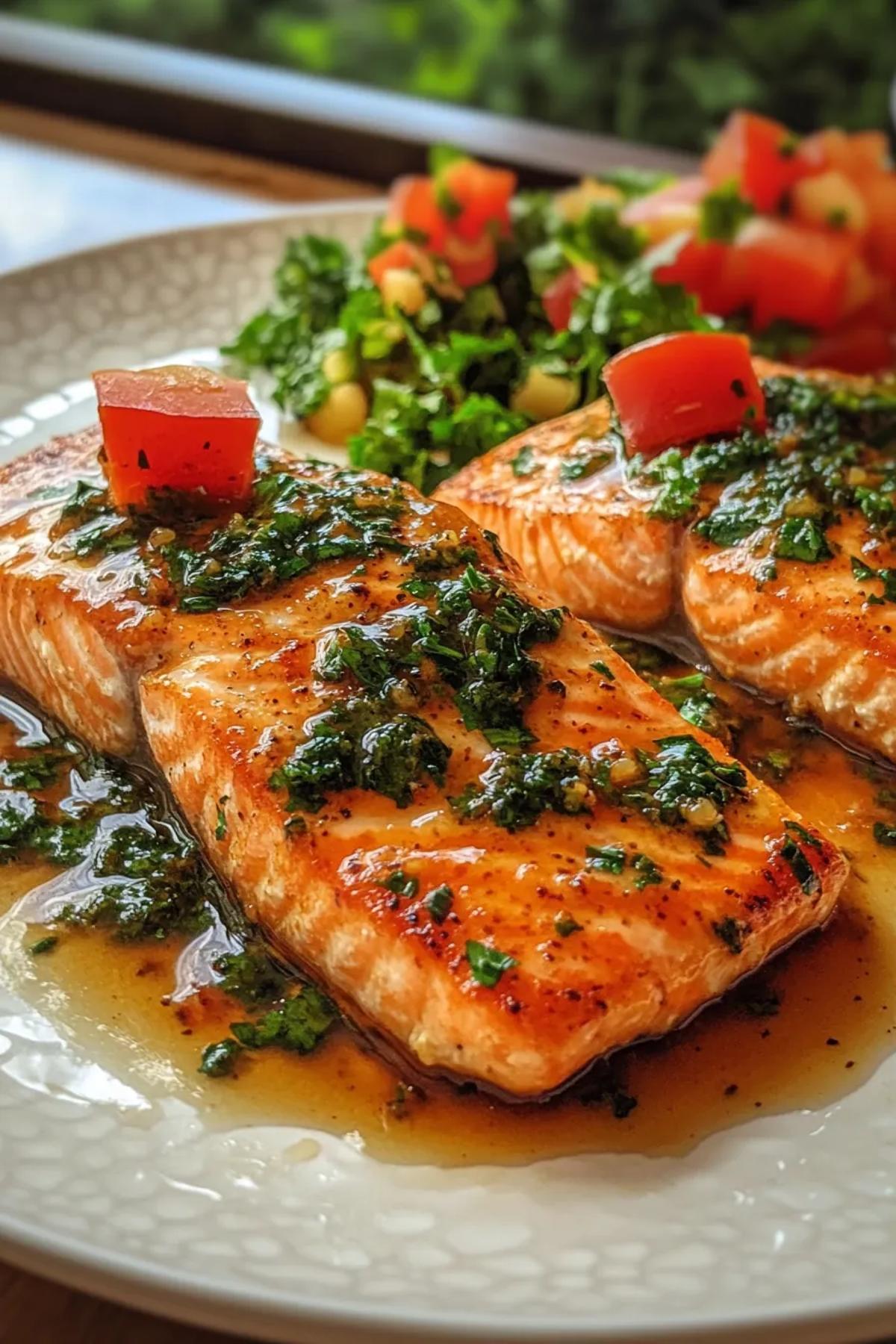 A glossy 15 minute maple mustard salmon recipe plated on a white dish, drizzled with amber maple‑mustard glaze, garnished with fresh herbs and lemon wedges, showcasing the flaky salmon's caramelized crust. card