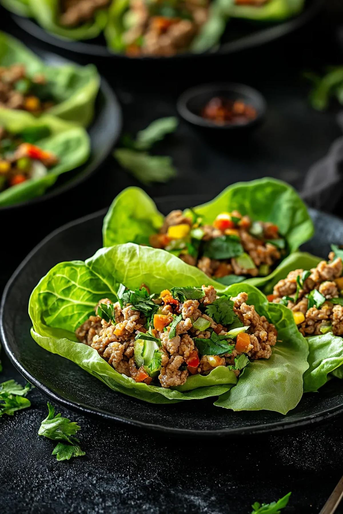 Bright 5 ingredient ground turkey lettuce wraps recipe displayed on a rustic wooden board, featuring golden turkey mixture nestled in crisp butter lettuce leaves, garnished with a sprinkle of sesame seeds and lime wedges