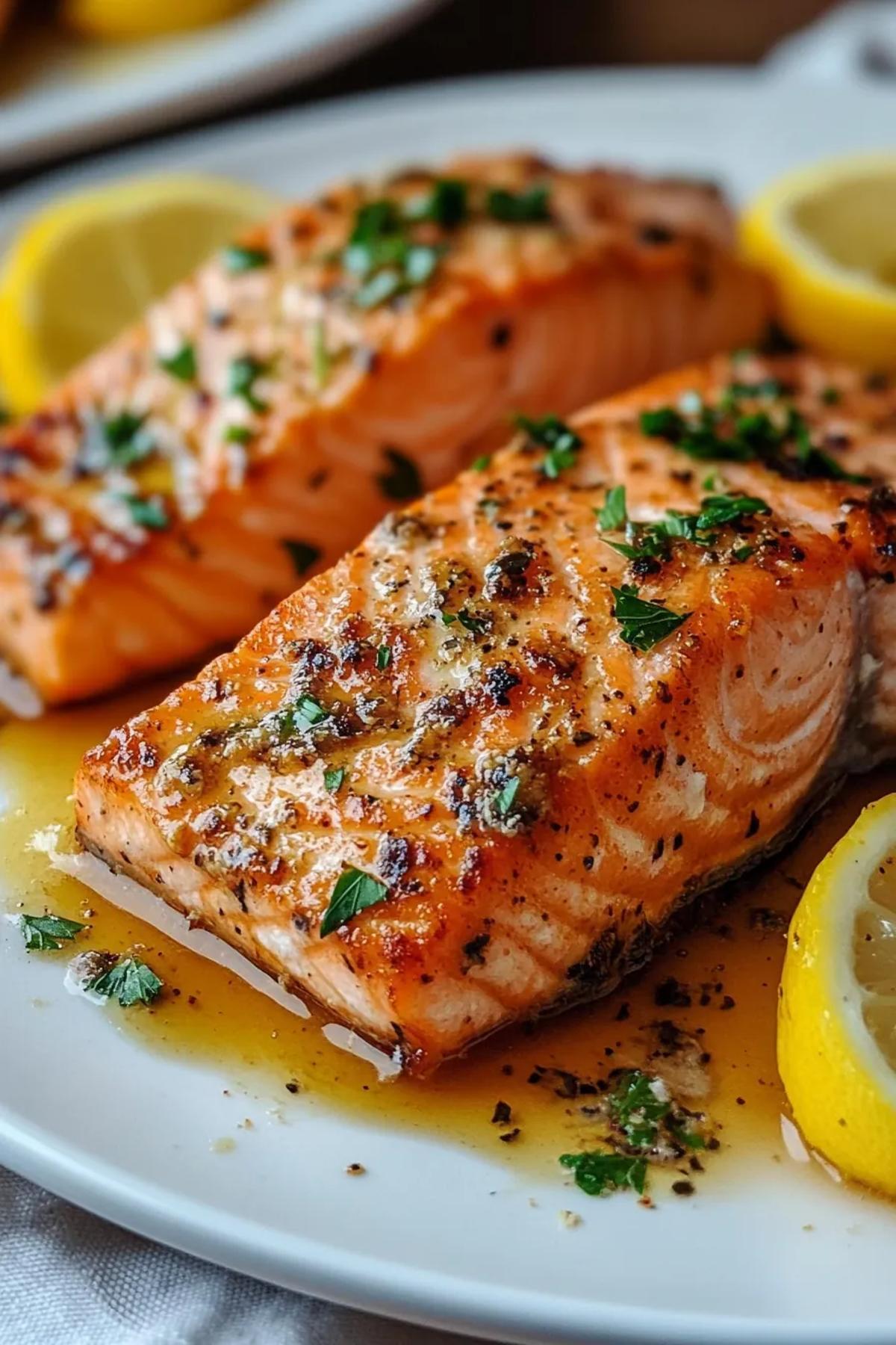 Golden‑crusted 5 ingredient roasted salmon recipe on a rustic plate, drizzled with olive oil, scattered with fresh herbs, and accompanied by lemon wedges, showcasing flaky pink flesh and vibrant green garnish card