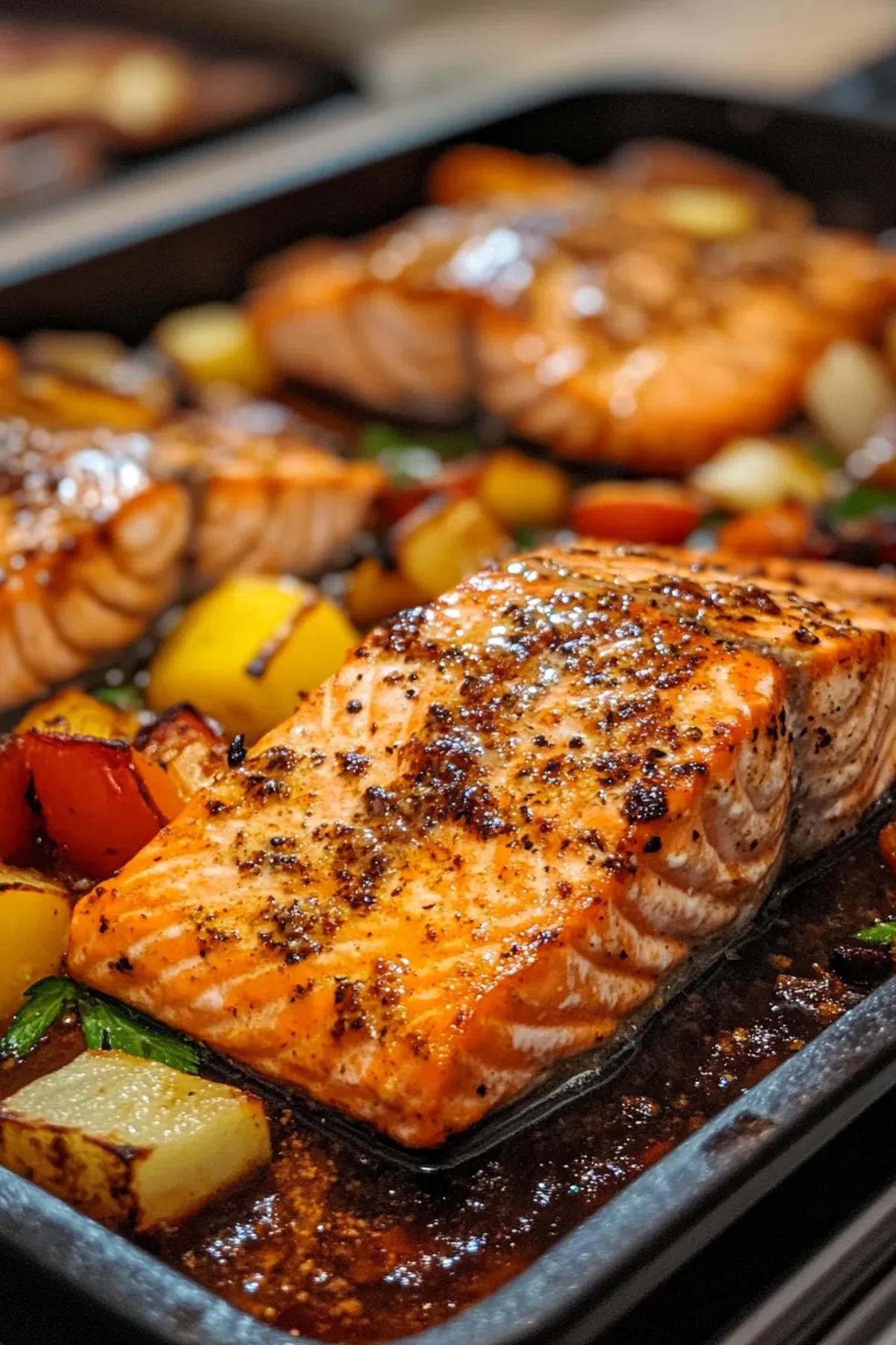 Golden‑crusted 5 ingredient roasted salmon recipe on a rustic plate, drizzled with olive oil, scattered with fresh herbs, and accompanied by lemon wedges, showcasing flaky pink flesh and vibrant green garnish