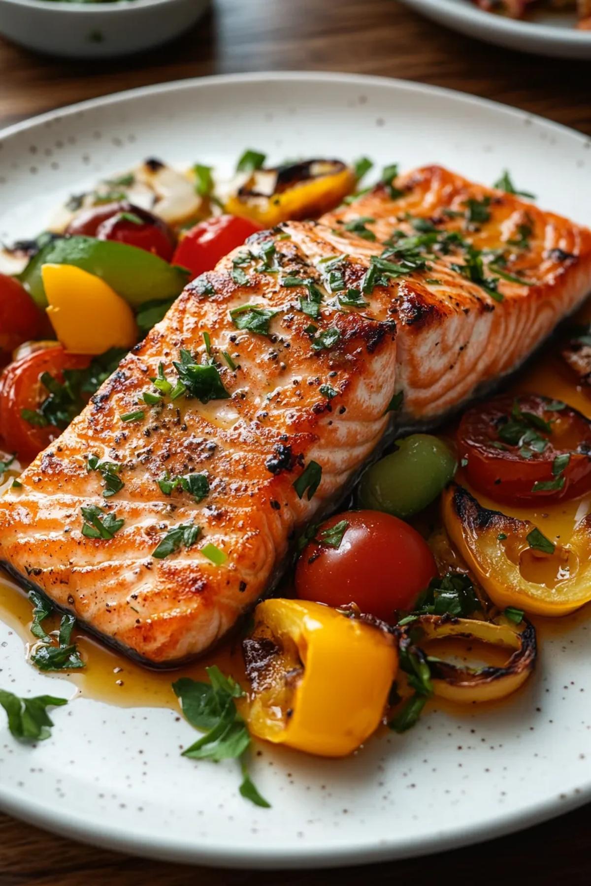 A radiant plate of pan‑seared salmon fillets glazed with honey‑soy, rested on a lemon‑warmed slate, garnished with fresh dill and orange zest, showcasing the simplicity of 5 ingredient salmon recipes. card