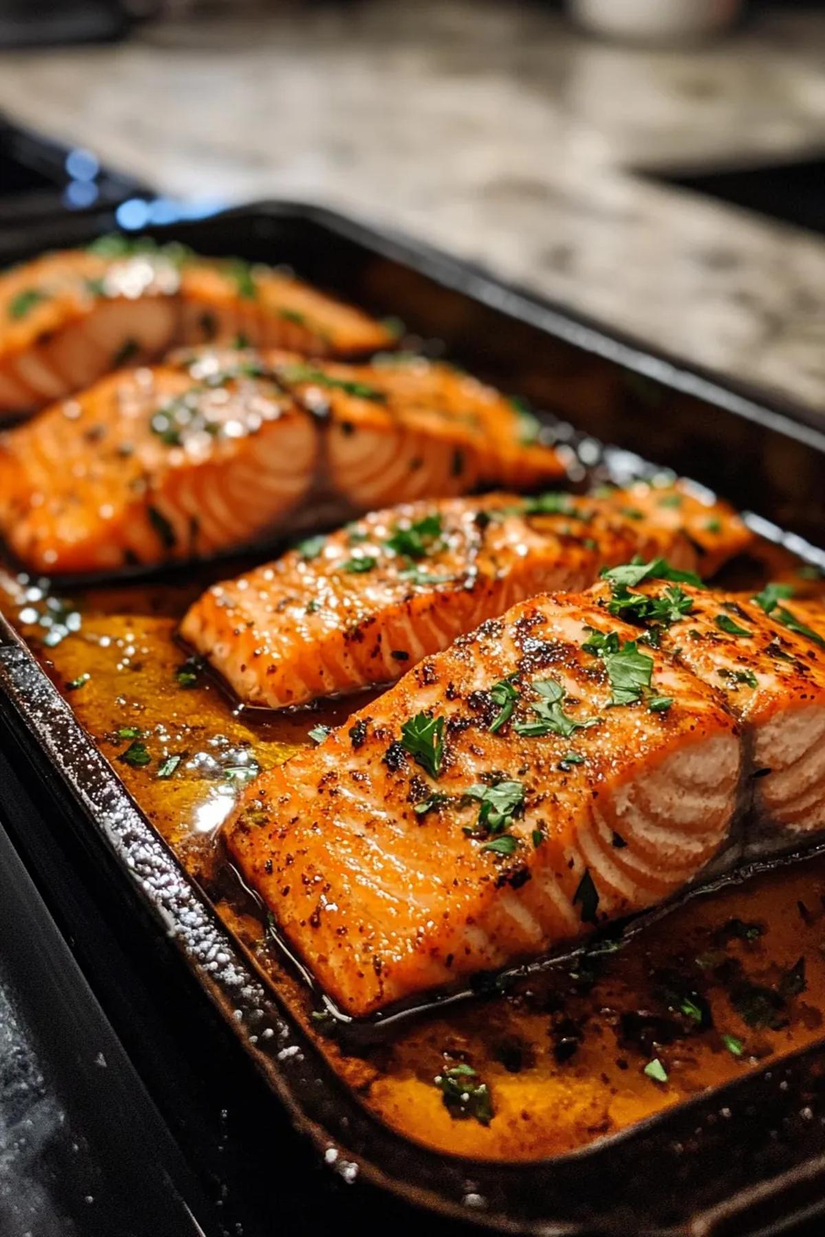 A radiant plate of pan‑seared salmon fillets glazed with honey‑soy, rested on a lemon‑warmed slate, garnished with fresh dill and orange zest, showcasing the simplicity of 5 ingredient salmon recipes.